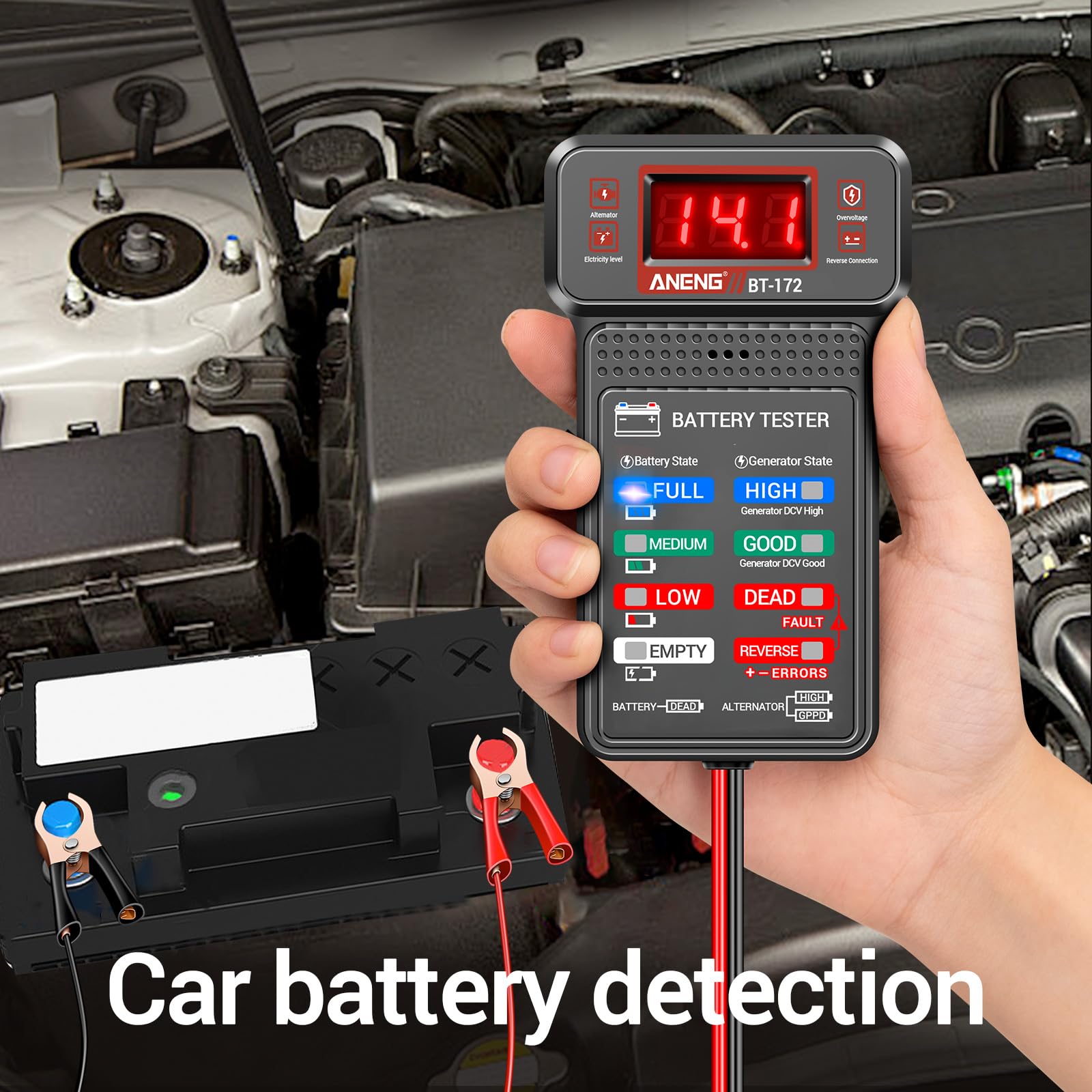 ANENG Tester Akumulatorów Samochodowych,12V,Cyfrowy Tester Akumulatorów Samochodowych,Analizator Ładowania Alternatora Z Wyświetlaczem LCD i LED,Wskaźnik Napięcia do Samochodów i Elektronarzędzi