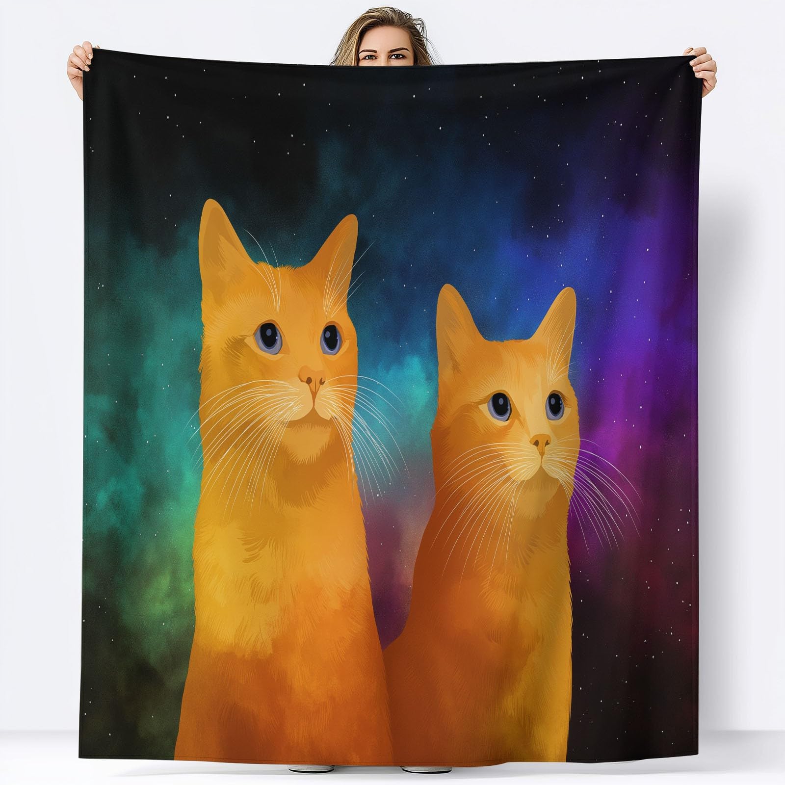 Puszysty fantazyjny artystyczny koc flanelowy, narzuta na sofę, łóżko, krzesło, miękkie zwierzę, pomarańczowy, kot, gwiaździste niebo, pościel, 220 x 240 cm, dekoracyjny, ultramiękki koc na łóżko dla
