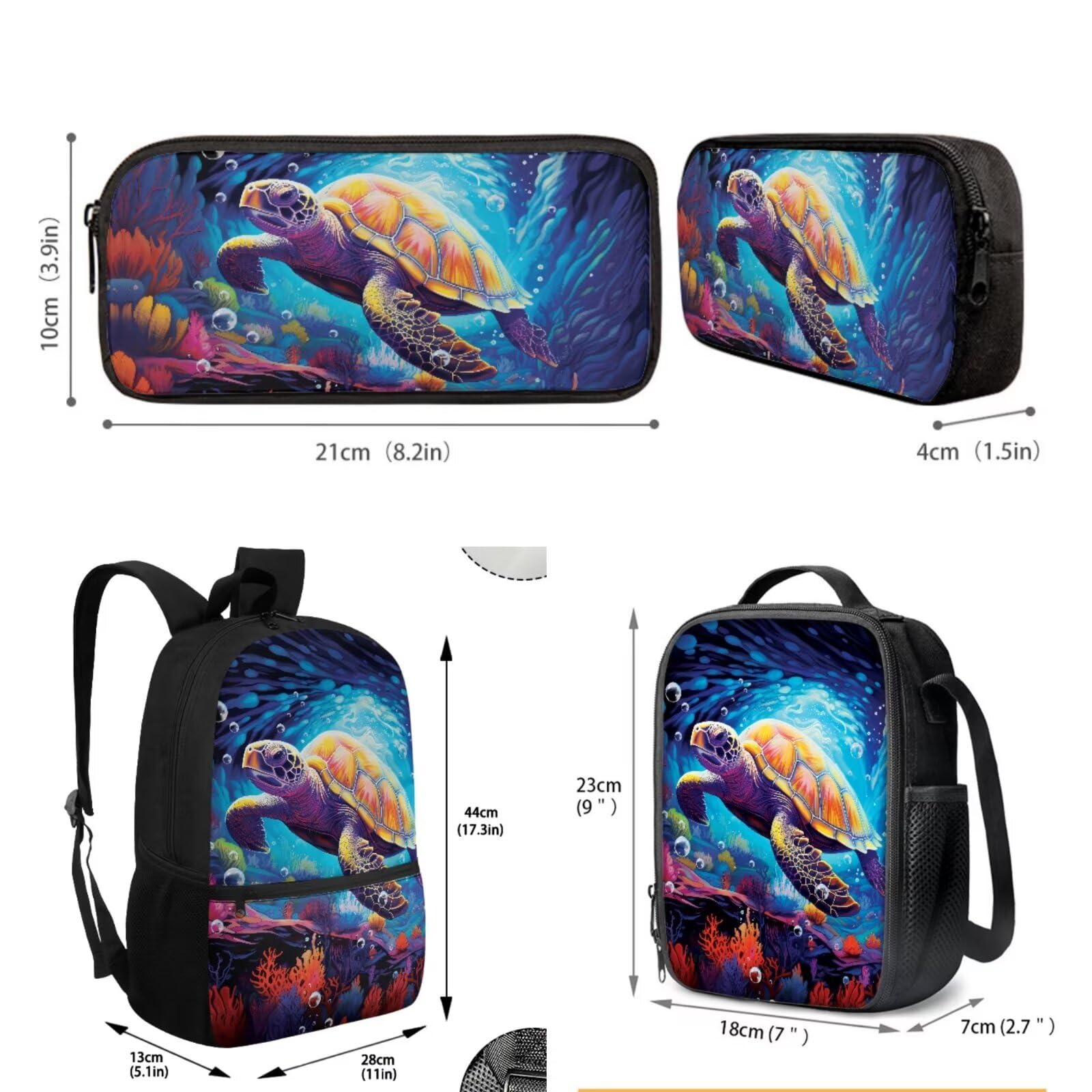 chaqlin Schulrucksack-Set für Kinder, Jungen, Schulranzen mit Lunchbox und Federmäppchen, 3-teiliges Set, Kinder-Büchertaschen, Kühltasche, Stifttasche, Meeresschildkröte, Kinderrucksack