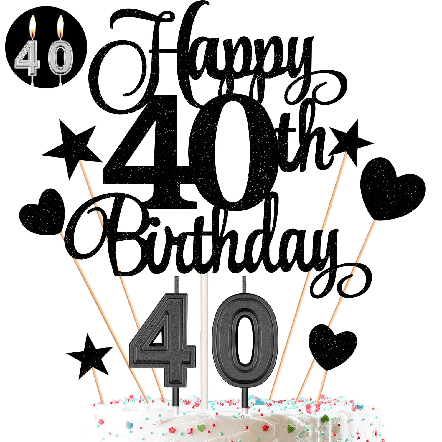 40th Birthday Cake Decorations Set Include 40th Birthday Candles Numeral 40 Cake Candles and Happy 40th Birthday Cake Toppers with Heart Star Cupcake Picks for Birthday Party (Black Series)