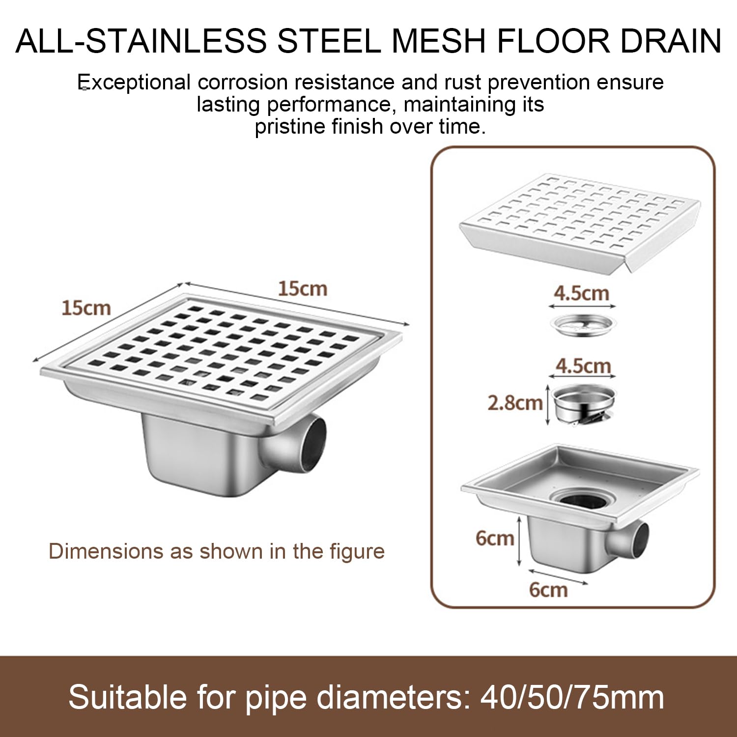 Canalina Per Doccia Quadrata 15 x 15 Cm,Piletta Doccia a Pavimento Inossidabile,Sifone a 360° Con Antiodore e Setaccio Per Capelli 2 In 1 Scarico Pavimento Doccia,Per Bagni,Cantine,Interni Ed Esterni