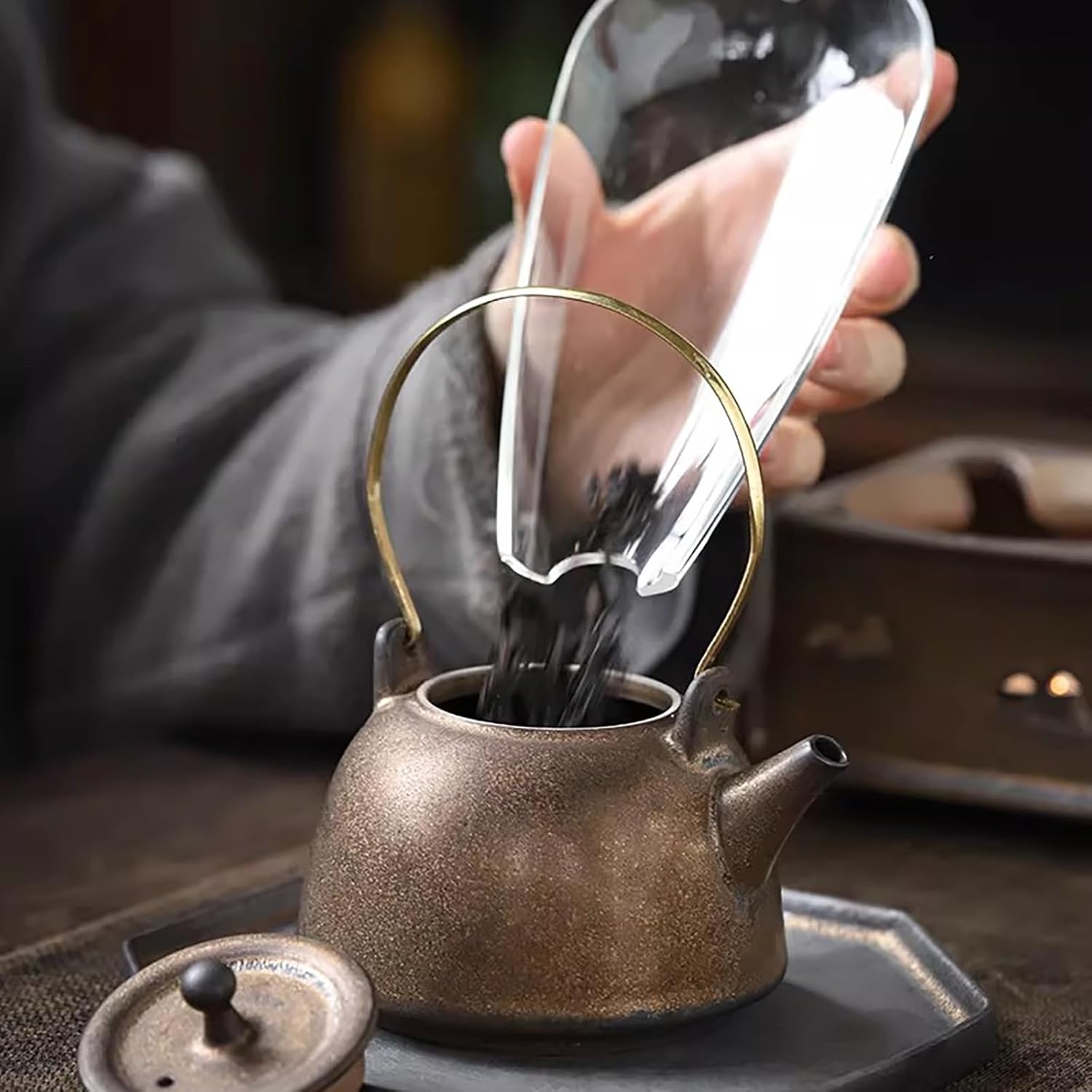 Pottery Tea Kettle for Stovetop with Handle 200ml Rust Glaze Rustic Handmade for Boiling Water Coffee No Coating Inside