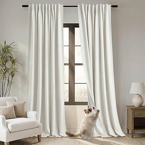 PANELSBURG 104 Inch Long Blackout Curtains 2 Panel Set,Pleated Linen Black Out Back Tab Drapes for Living Room,Curtains by Size,105 Inch Length,Cream