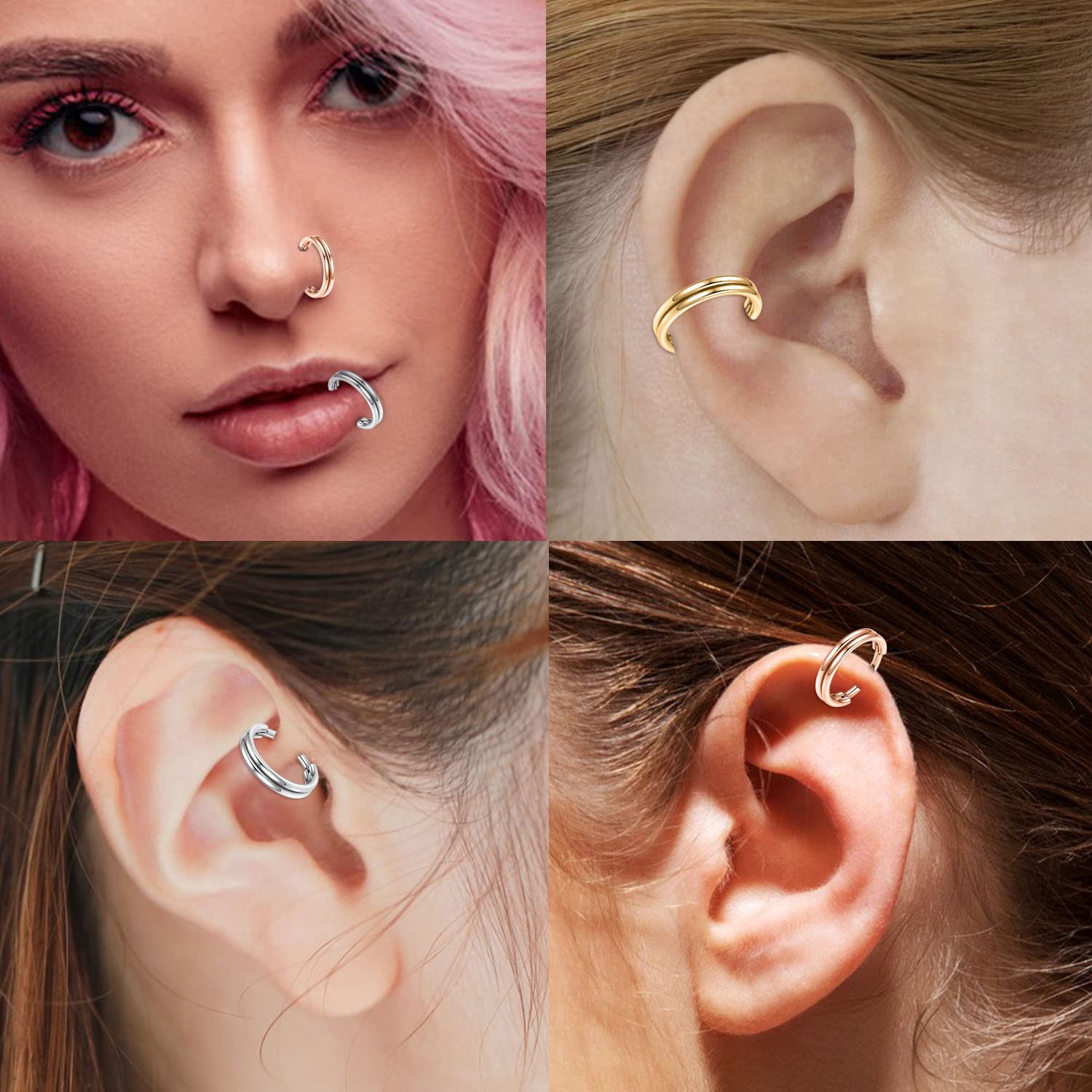hengkaixuan Triple Double Nose Hoop Ring Sleeper Hoop Earring Helix Rook Conch Cartilage Daith Tragus Earrings Septum Ring Lobe Nose Piercing Jewellery for Women — view 4