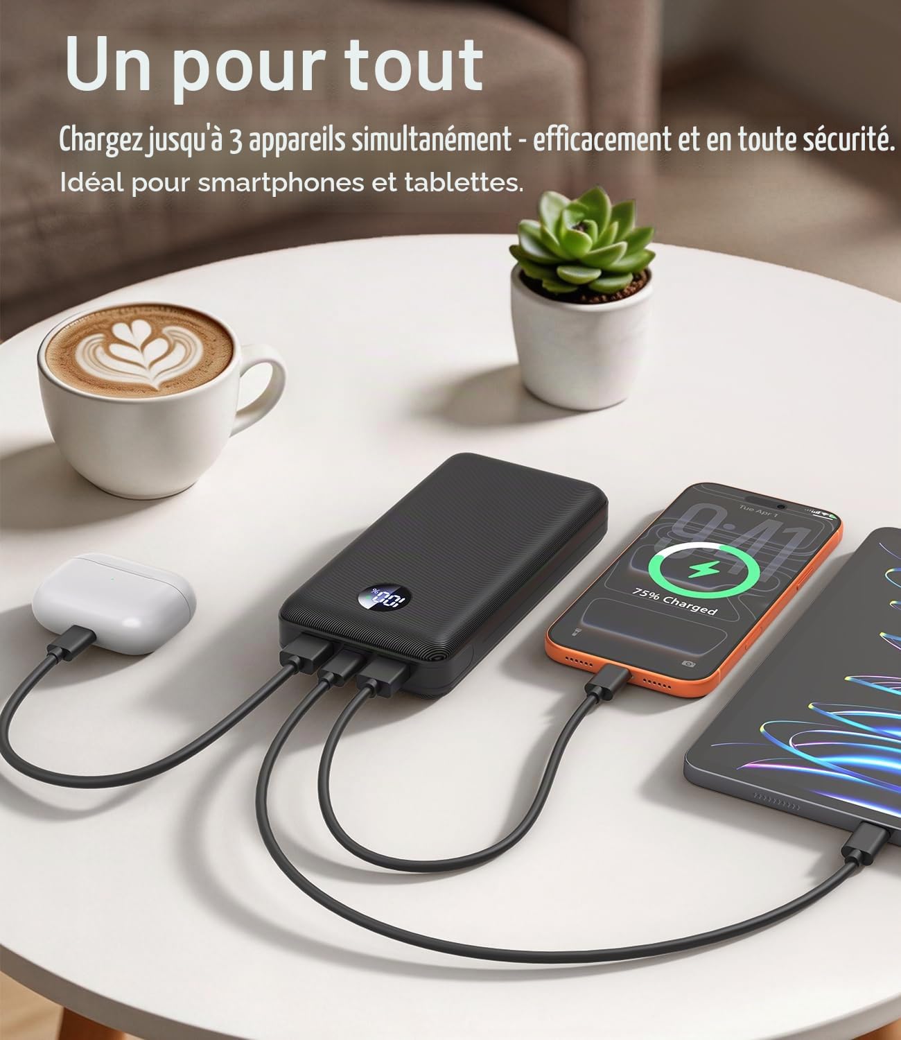 Powerbank 26800 mAh, 22,5 W, fonction de charge rapide, batterie externe avec 3 sorties (USB-C 20 W PD 3.0 & QC 3.0 USB-A), chargeur compact pour iPhone 17, 16, 15, Samsung, iPad, charbon
