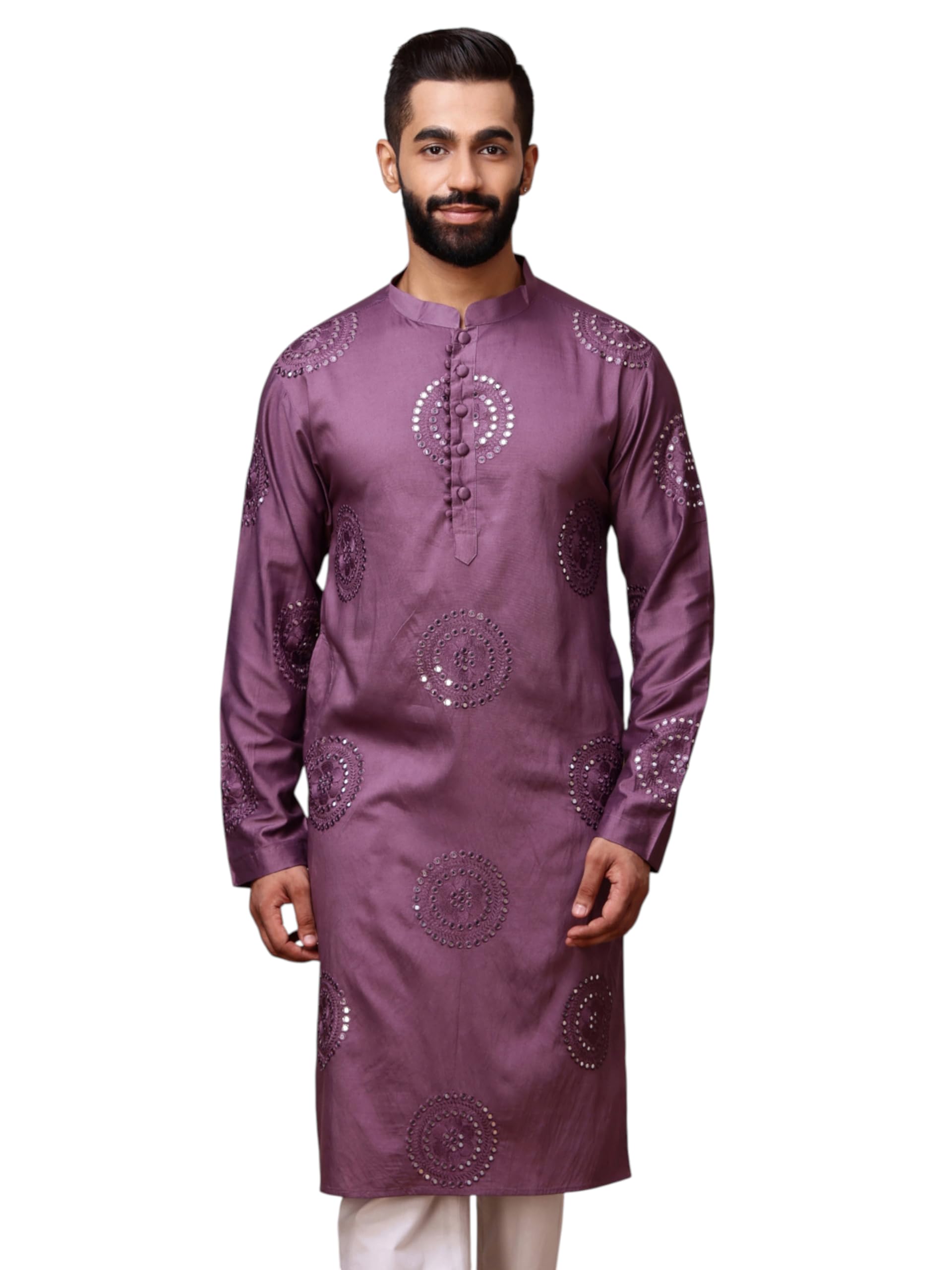 vardha Men's Wine Mirror Embroidered Kurta for Men in Viscose Blend with Circular Motif Detailing and Mandarin Collar-picture-42