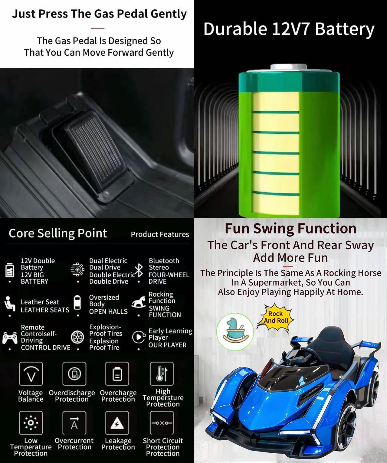 12V Kids Electric Ride On Car, Kids Electric Remote Control Car, LED Lights, Horn, USB, MP3 Music, 4 Motors, Suspension - Image 7