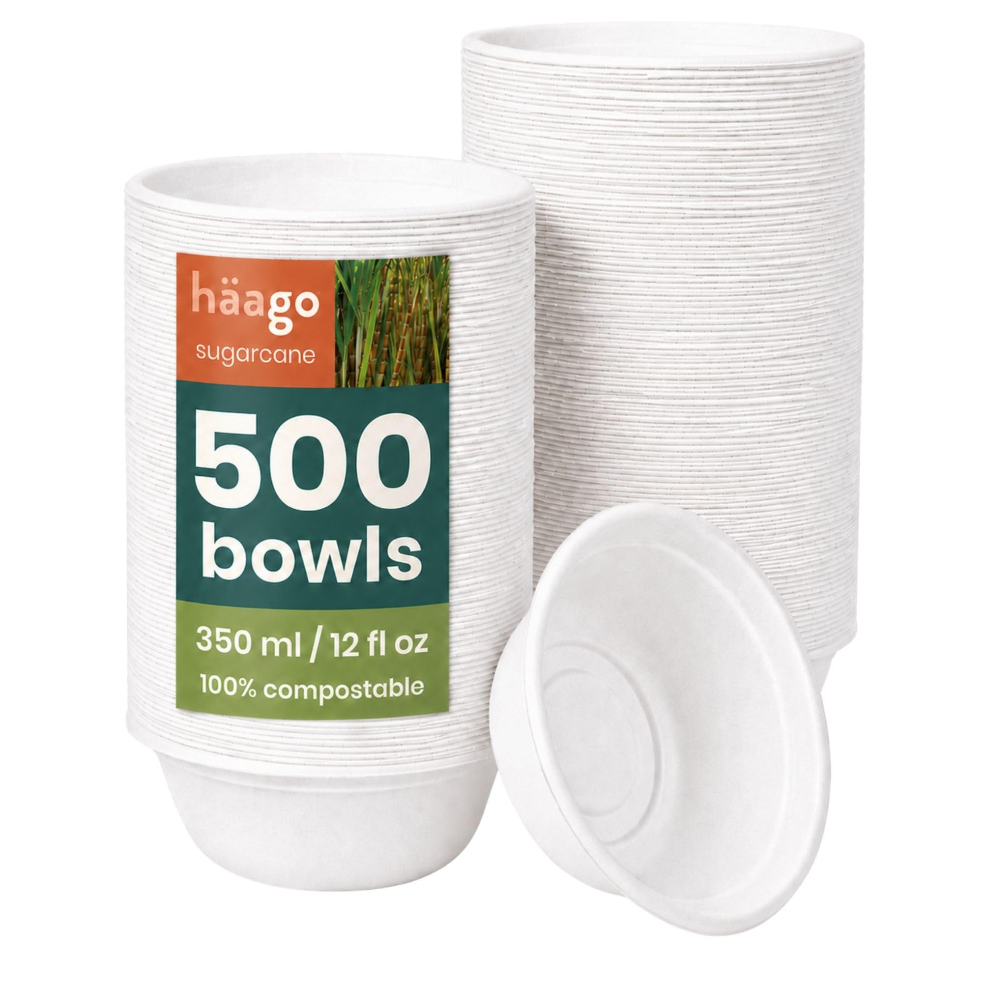 HAAGO 500 Biodegradable Sugarcane Bagasse Bowls, 350ml - Strong Paper Bowls - Leak-Resistant, Eco-Friendly, Compostable & Disposable Party Bowl for Soup & Dessert, Hot & Cold Food — image 1