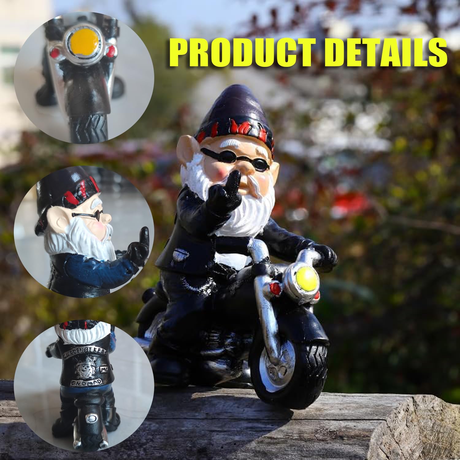 Ozdoby Ogrodowe Krasnale, Ozdoby Ogrodowe Skrzaty Motocykliści, zabawny krasnal ogrodowy, dekoracja do tarasu balkonu, stary człowiek z motocyklem, ozdoba z żywicy do domu i biura