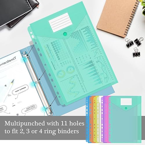 Miniatura 8 de Paquete de 14 sobres de plástico con 11 agujeros, carpetas expandibles para documentos de 234 anillos con botón a presión y etiquetas, hojas