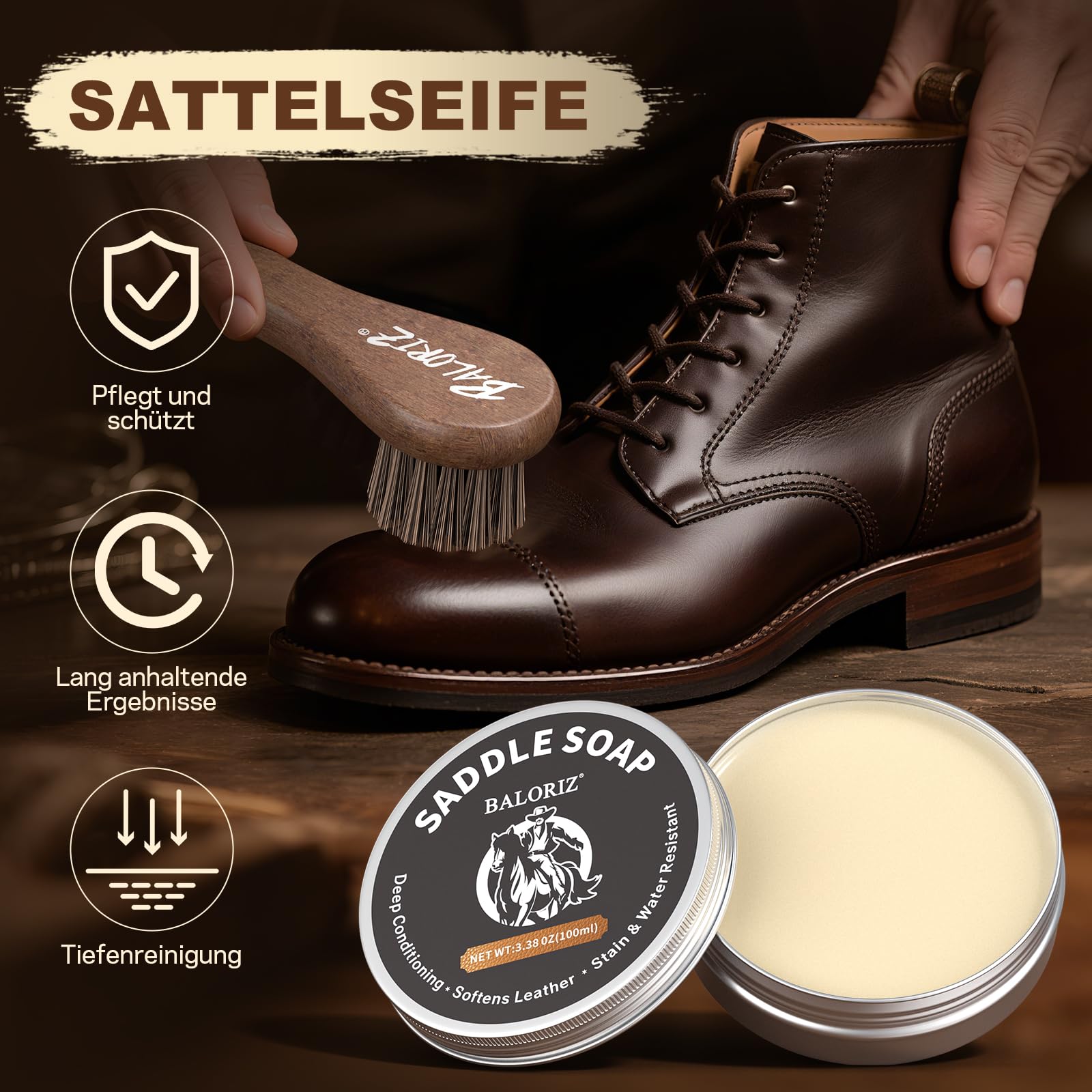 Lederstiefel-Pflegeset – Minköl, Sattelseife für Leder, Applikatoren & Tuch – Lederpflegeset, Stiefel-Lederpflegeset, Lederschuh-Pflegeset für Cowboystiefel, Arbeitssstiefel, Schuhe und Sattelzeug