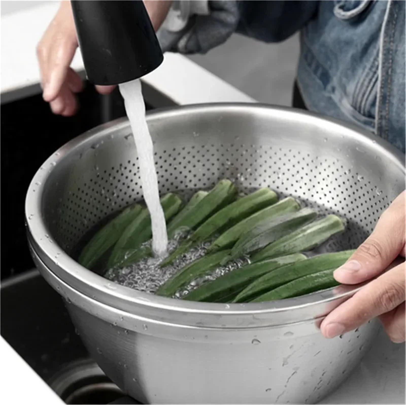 Durszlak Sitko Miska do mieszania 304 Kosz spustowy ze stali nierdzewnej Warzywo Ryż Umywalka Sito wycieku wody Siatka filtra sezamowego(28cm hole basin)