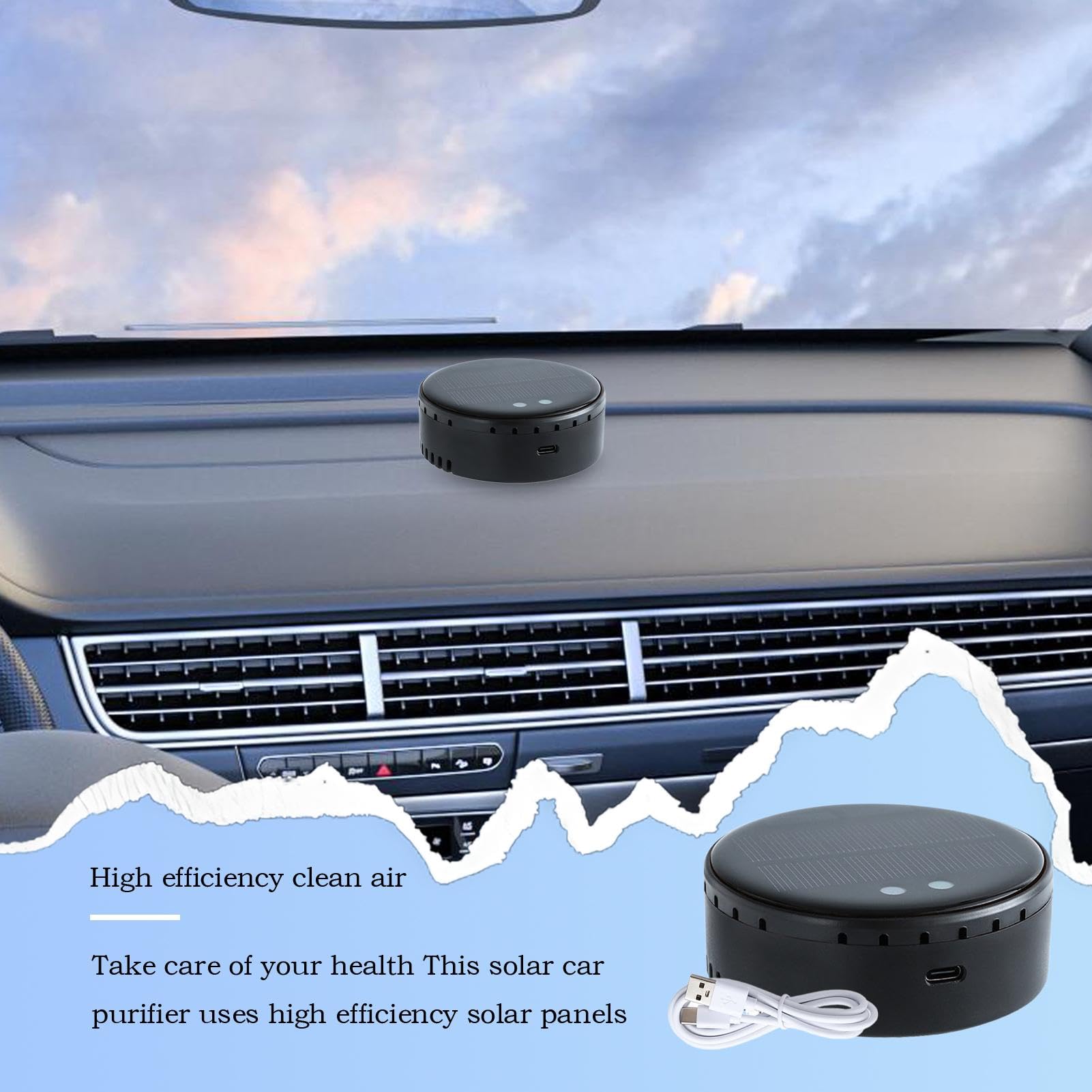 Car Air Purifier Odor Eliminator, Solar Portable HEPA Air Freshener, kompaktowy design, kabel USB, do pojazdów, sypialni, toalety, małego domu deodorizing 3,43 x 3,66 x 1,42 cala