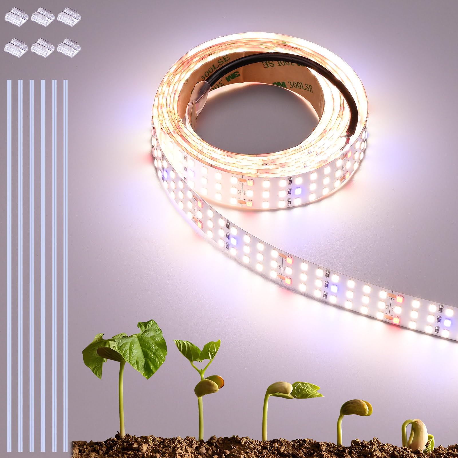 Luce a LED per Piante 24V 5M 2100 LED Spettro Completo Alto PPFD 120W Flessibile Tagliabile e Autoadesiva Striscia LED per piante per la Crescita di Piantine, Vegetazione (con connettori) | Lampada a spettro completo con PPFD alto 2 cm di larghezza, tagli