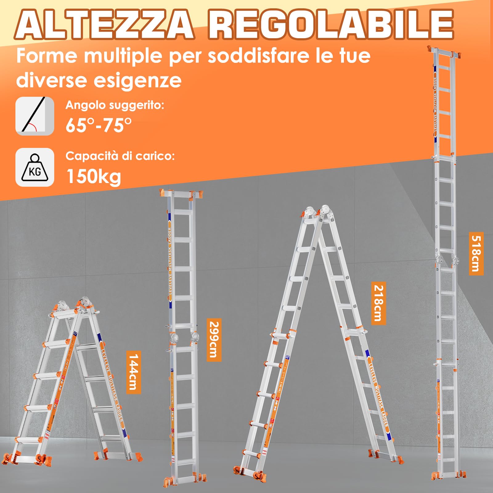 Scala Multiuso a 5 Livelli: Scala a 5 Livelli e Scala Allungabile da 17 Piedi (5,18 m) con Stabilizzatore e Ruote, Portata 150 kg, Sicuro per Scale, per Interni, Esterni e Tetto, in Lega di Alluminio