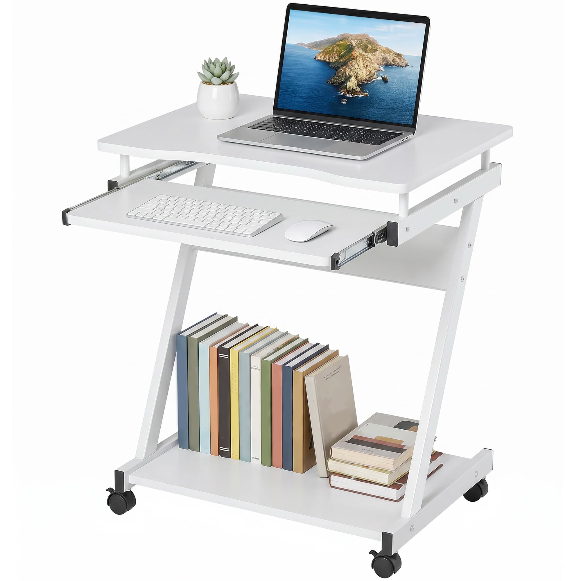 HOMCOM Mesa de Ordenador con Ruedas, 60x48 cm, Escritorio de Ordenador Moderno con Bandeja Deslizante para Teclado y Estante Inferior, Marco Metálico en Forma de Z, para Oficina, Estudio, Blanco