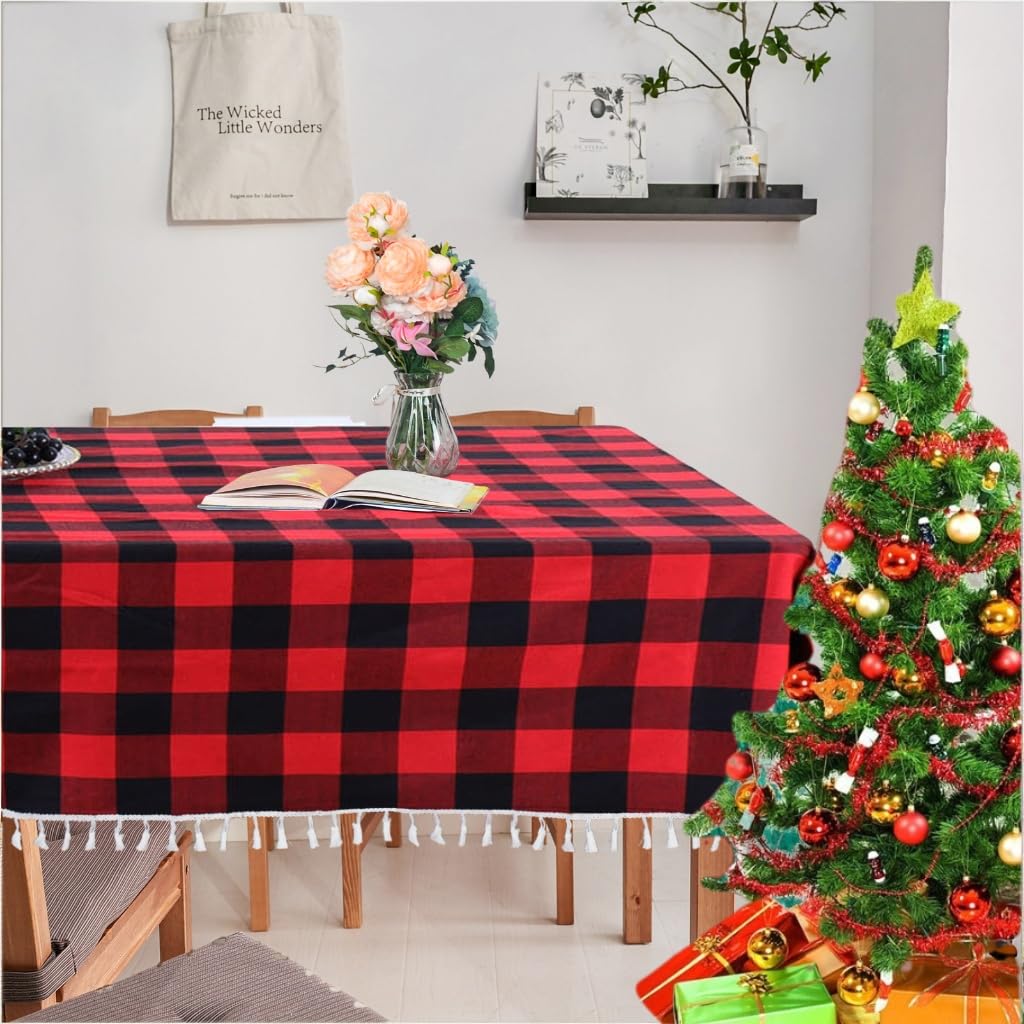 ShinyBeauty - Mantel Rectangular a Cuadros de búfalo, 140 x 203,2 cm, Mantel de Navidad de Lino de Granja, Mantel de Cocina a Cuadros (140 x 203,2 cm, Rojo y Negro)