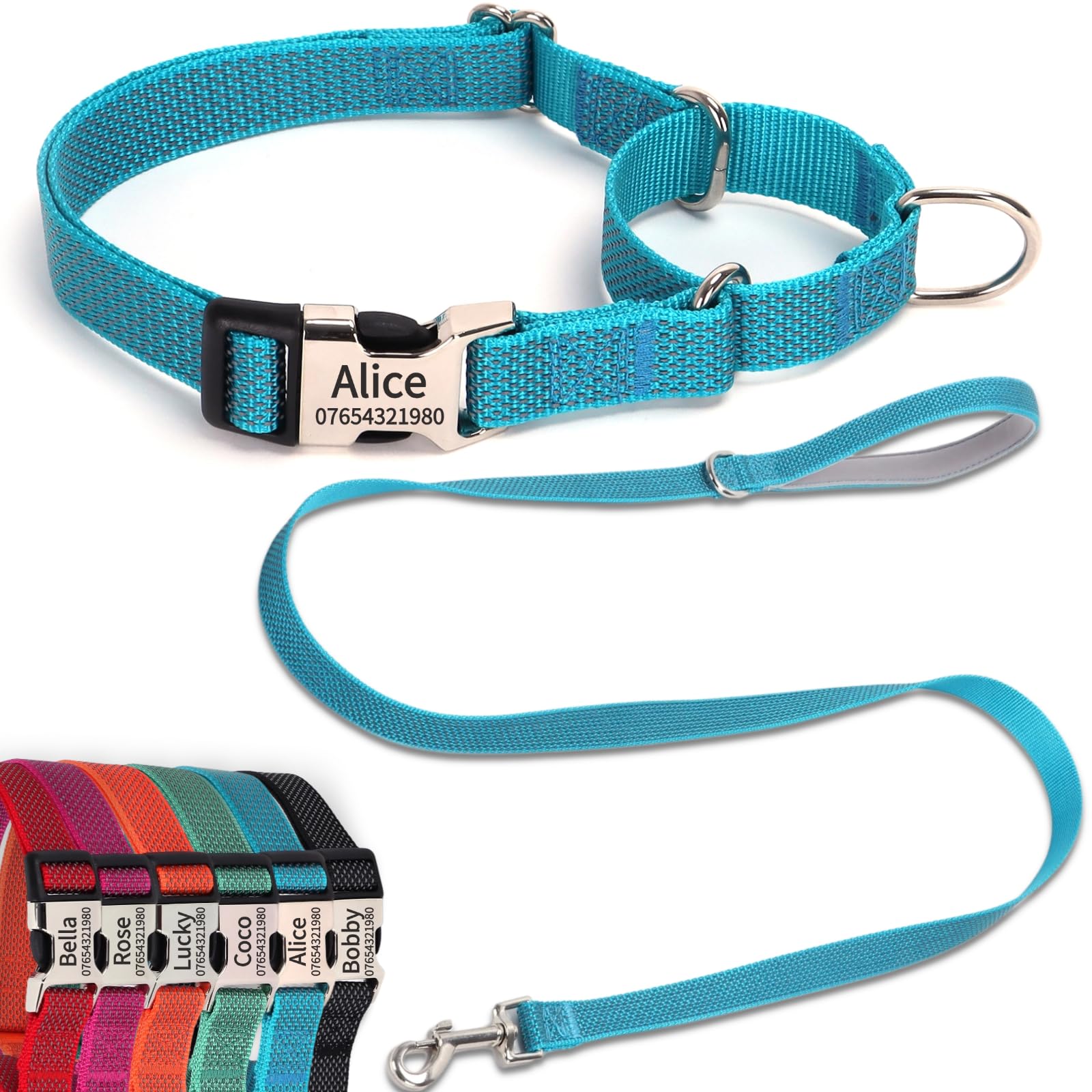 SEOUGEE Martingale Dog Collar Personalised and Lead Set, Reflective Nylon Anti-choke Dog Collars and Leash with Custom Engraved Buckle, Walking Training for Small Dogs (S Sky Blue Set, 30-40cm)