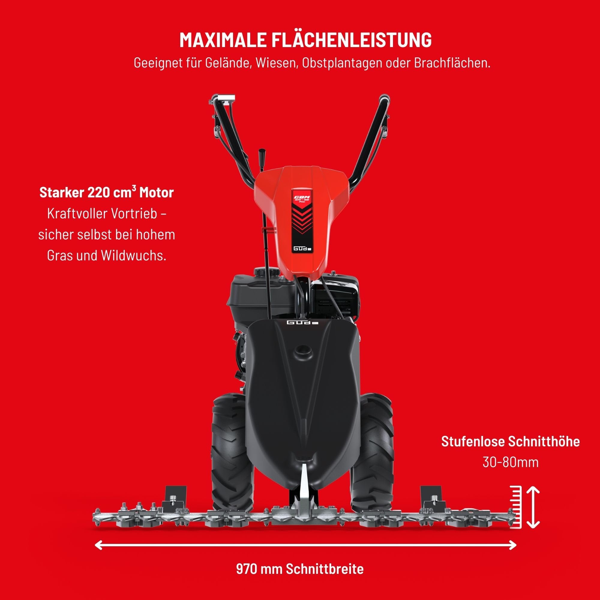 Güde GBM 970-212 Pro Benzin-Balkenmäher - 4-Takt, 212 Kubikzentimeter Hubraum, 4,3 Kilowatt, 5,8 PS, 97 Zentimeter Schnittbreite, 3-8 cm Schnitthöheneinstellung, Radantrieb, vibrationsgedämpfter Holm