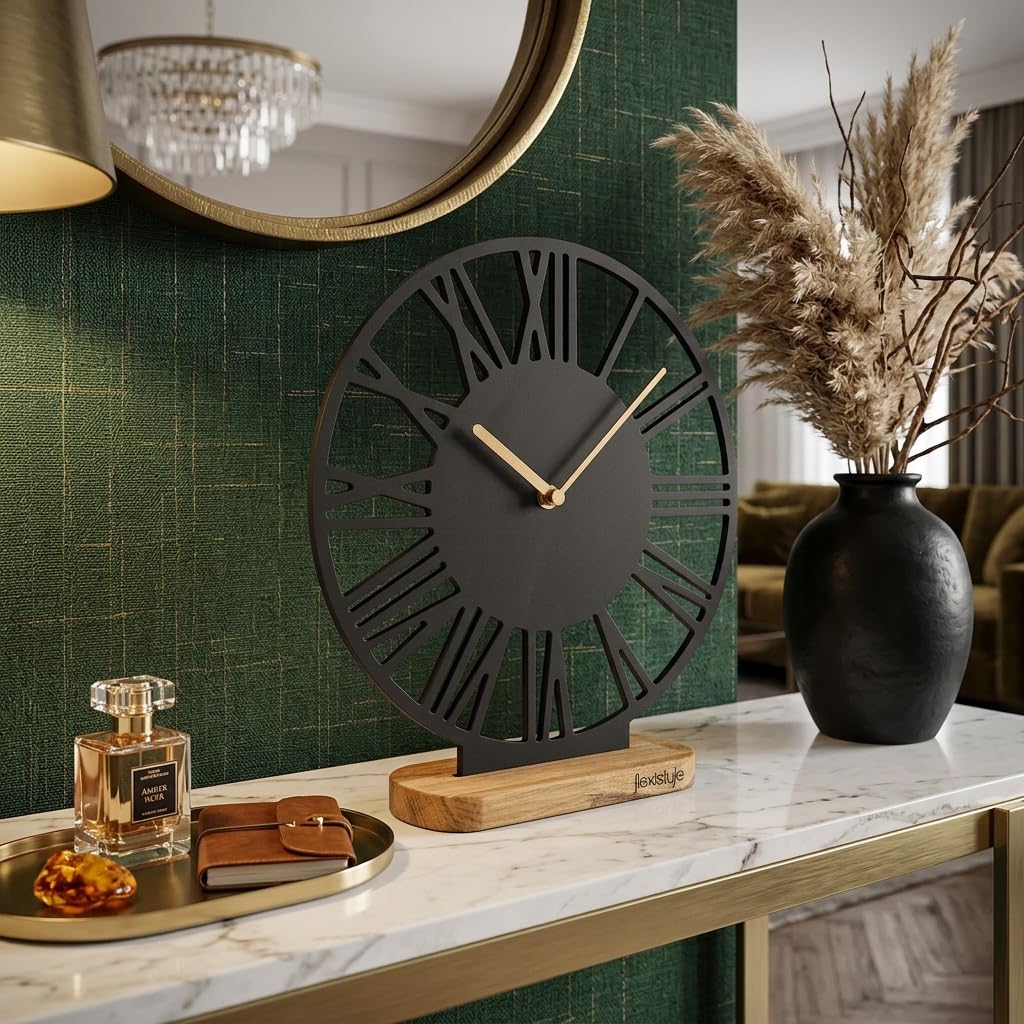 FLEXISTYLE Stehende Uhr aus Holz Eiche 30 cm – Moderne Tischuhr, Standuhr mit Lautlosem Quarzmechanismus ohne Tickgeräusche, Minimalistisches Design für Wohnzimmer, Büro & Schlafzimmer