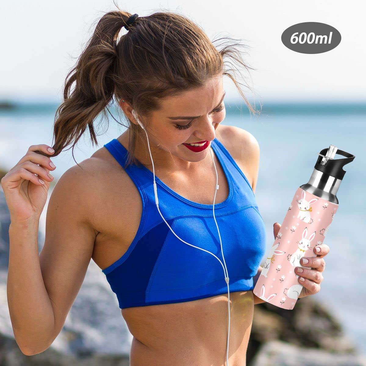 Edelstahl-Wasserflasche mit Strohhalm, weißer Kaninchen rosa isolierte Trinkflasche Sport Wasserflasche für Kinder Erwachsene, auslaufsicher, 1L