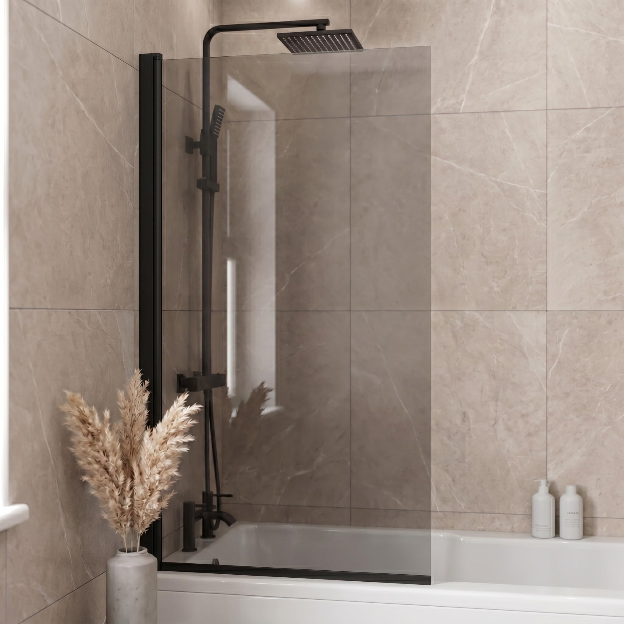 Luxura® 800 x 1400mm Black Tinted Over Bath Shower Screen Folding Hinged Door Glass Panels & Screens for Baths, Bathroom Frameless Square Design, 6mm Toughened Safety Glass, 180° Pivot