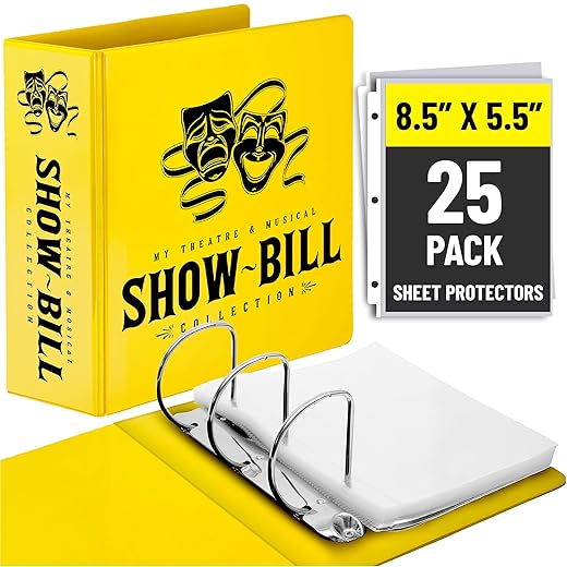 Showbill Binder with Display Sleeves, Holds 8.5” x 5.5” Broadway Programs, Includes 25 Clear Sheet Protectors, D-Ring Organizer for Theatre Memorabilia & Collectibles, Yellow