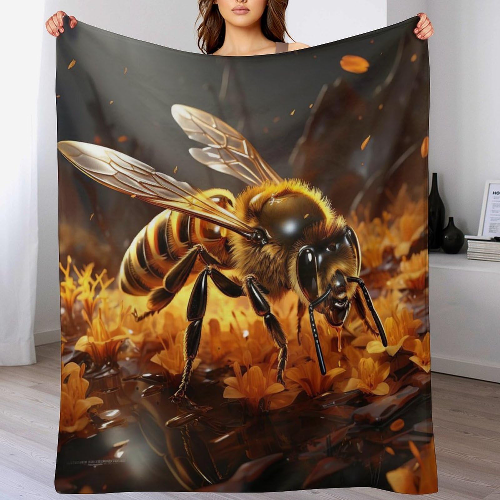 Plaid polaire abeille 130x150 cm jeté de canapé en flanelle polyester effet velours