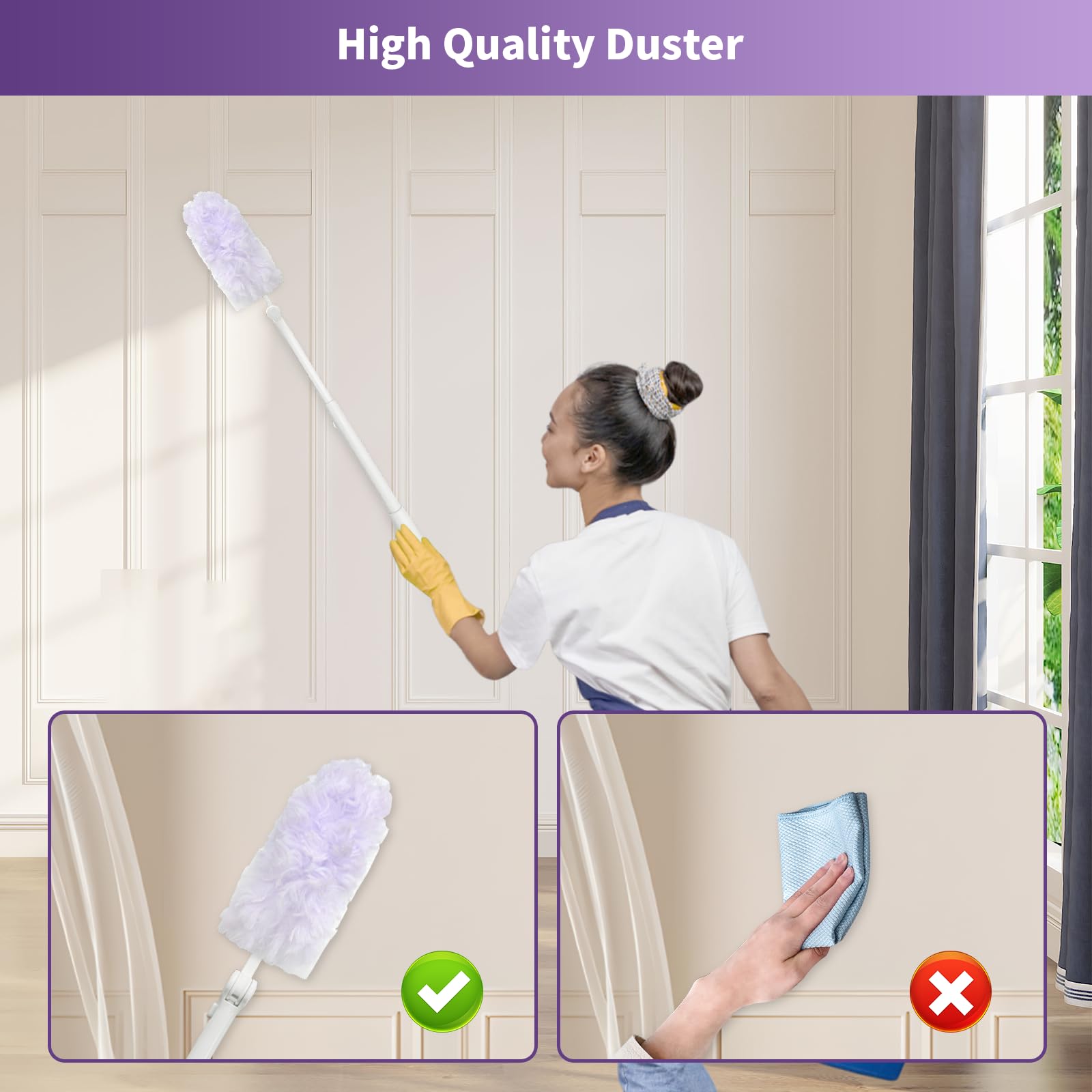 50 recambios de plumero multisuperficie de 360°, compatibles con plumeros Swiffer, kit de plumeros desechables de material grueso y resistente con 1 mango extendido para una limpieza eficiente para la