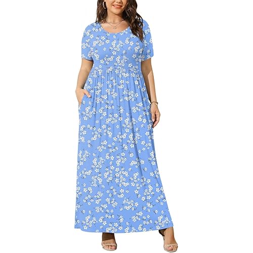 BISHUIGE Plus Size Maxi Dresses for Women Summer Casual Short Sleeve Long Dress with Pockets XL-6XL
