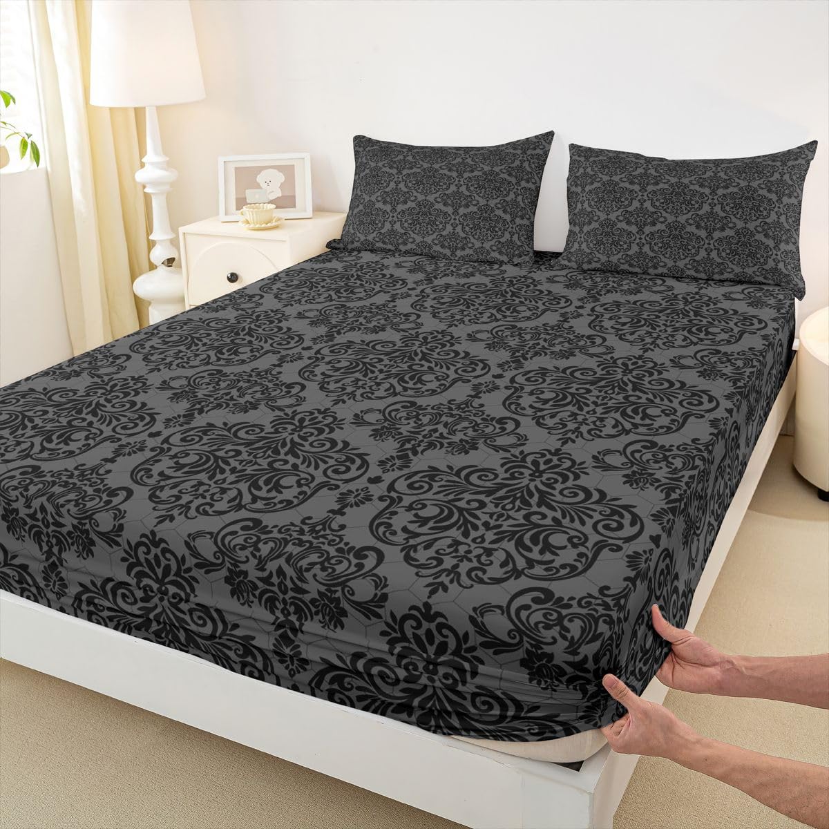 Homemissing Drap-housse style Empire damassé noir pour enfants, garçons et filles - Motif floral gothique - Décoration de chambre à coucher - Drap-housse de luxe en jacquard royal avec 2 taies