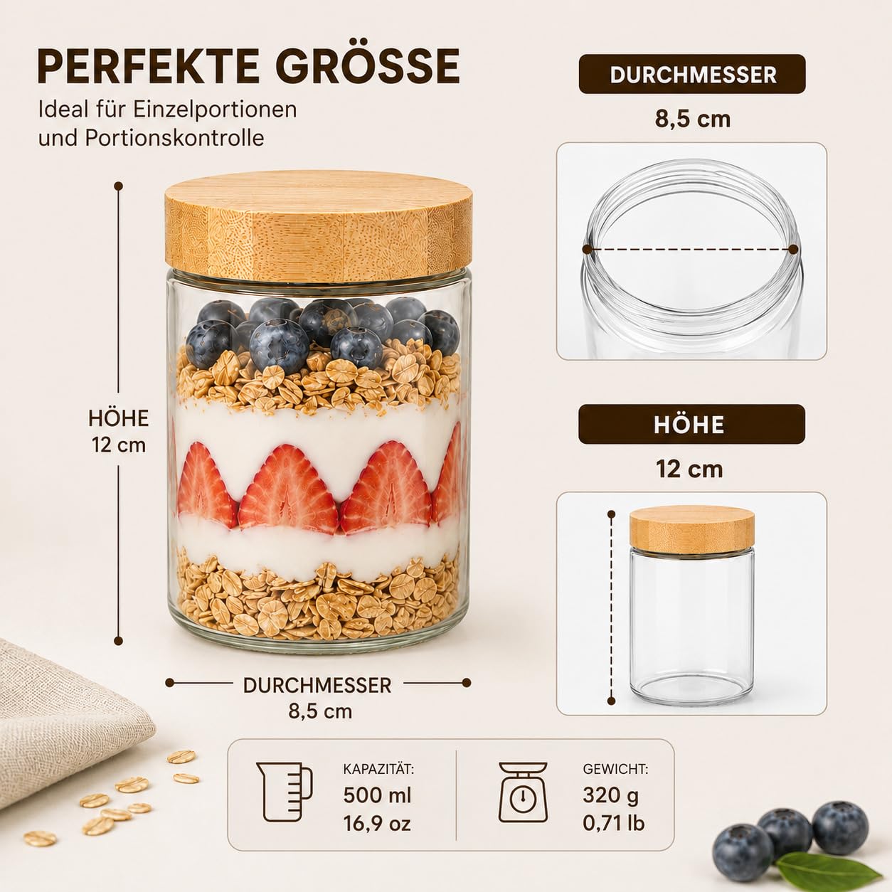 4 vasetti multiuso da 500 ml, con coperchio a vite, per Overnight Oats, barattoli ermetici per conservazione, marinatura e preparazione di pasti multiuso