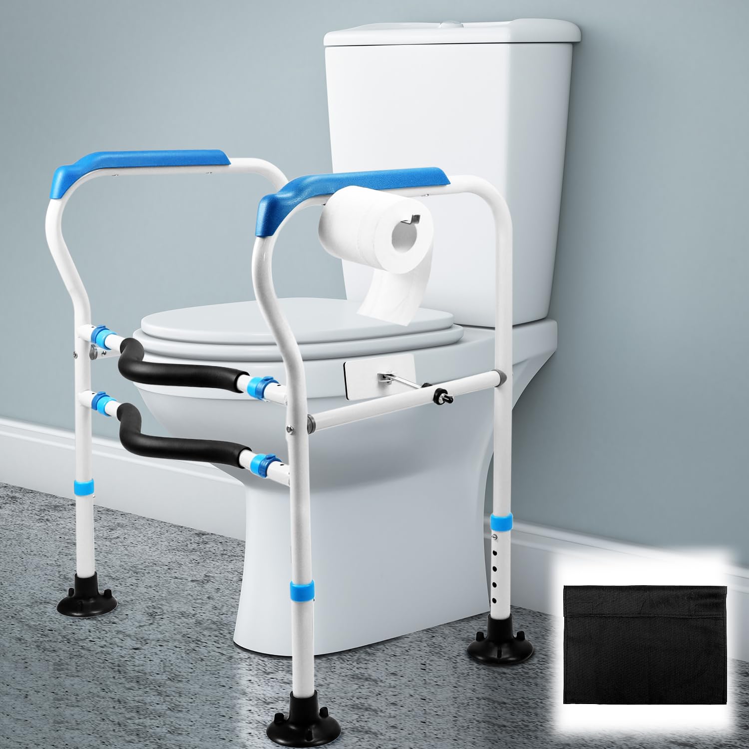 QWORK® Ausilio per il sollevamento della toilette - Maniglione ergonomico, Altezza regolabili (64-74cm) e larghezza regolabili, Piedini a ventosa rinforzati