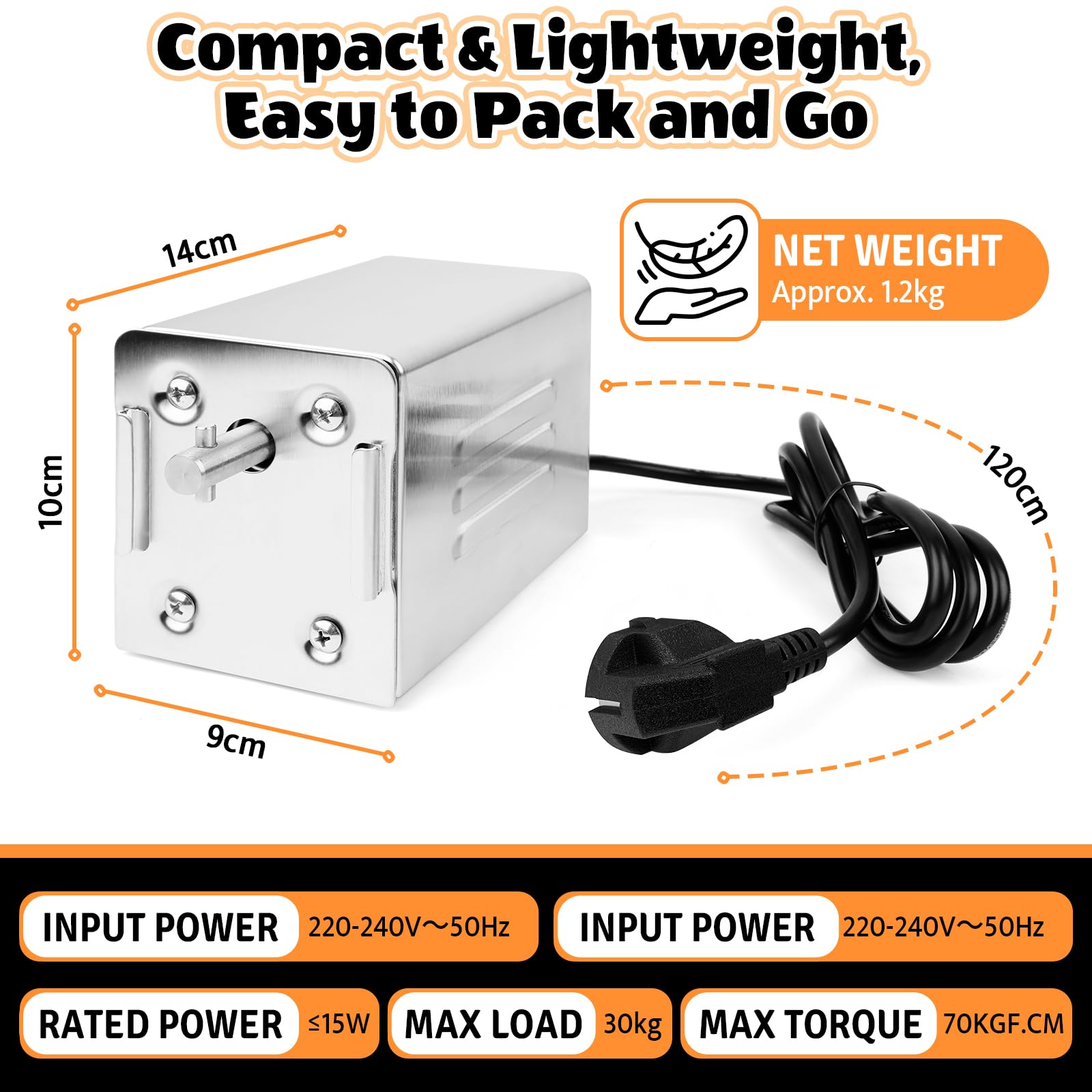 220V Motor de Asador de Pollos Giratorio, Motor para Parrilla Barbacoa Acero Inoxidable Portátil, Capacidad de 30 kg, Ideal para Barbacoas al Aire Libre, BBQ, Reuniones Familiares, Picnics y Camping