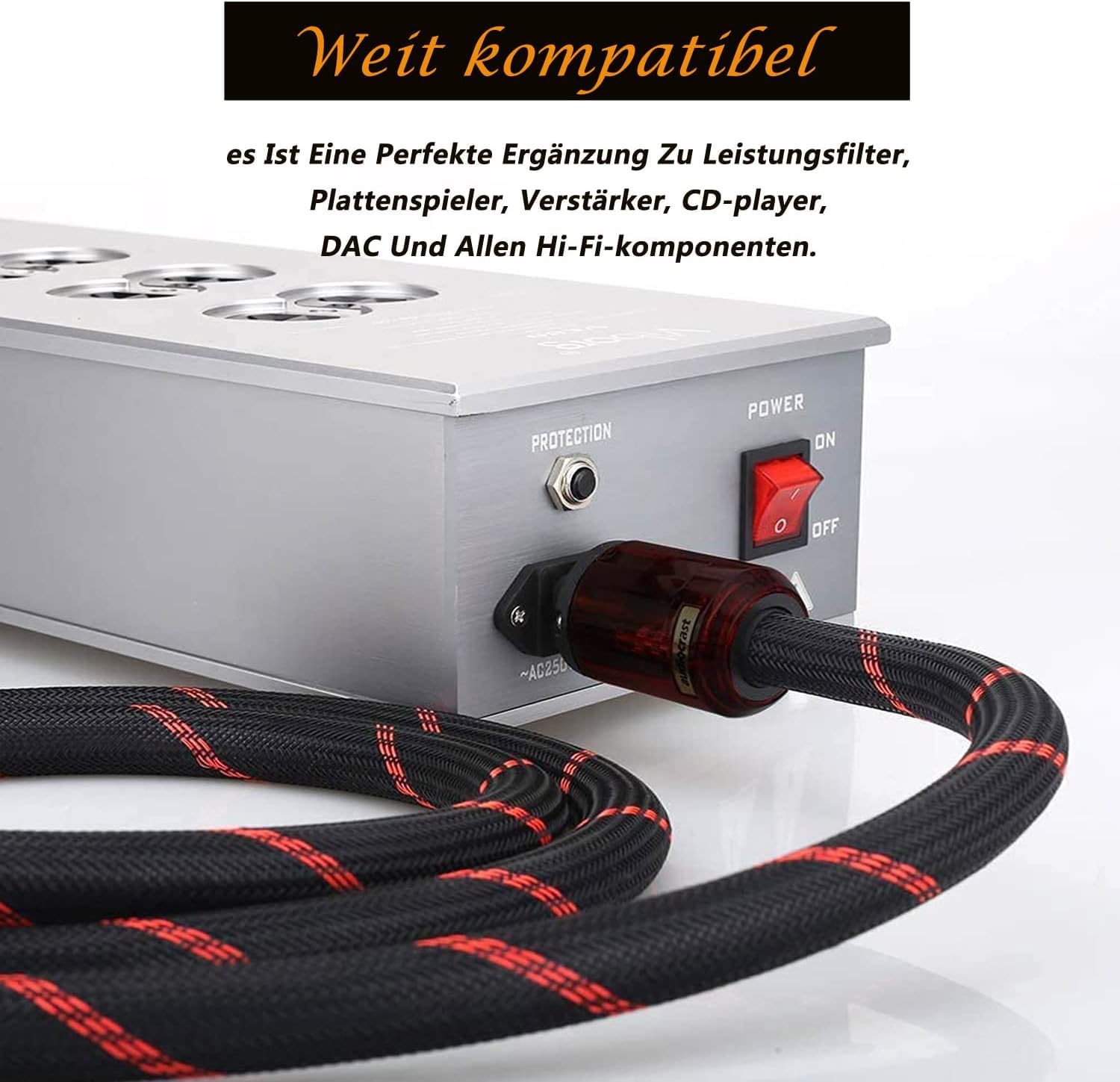 Brollitest Hoogwaardig HiFi-netsnoer, zilver en wit met Schuko-stekkers