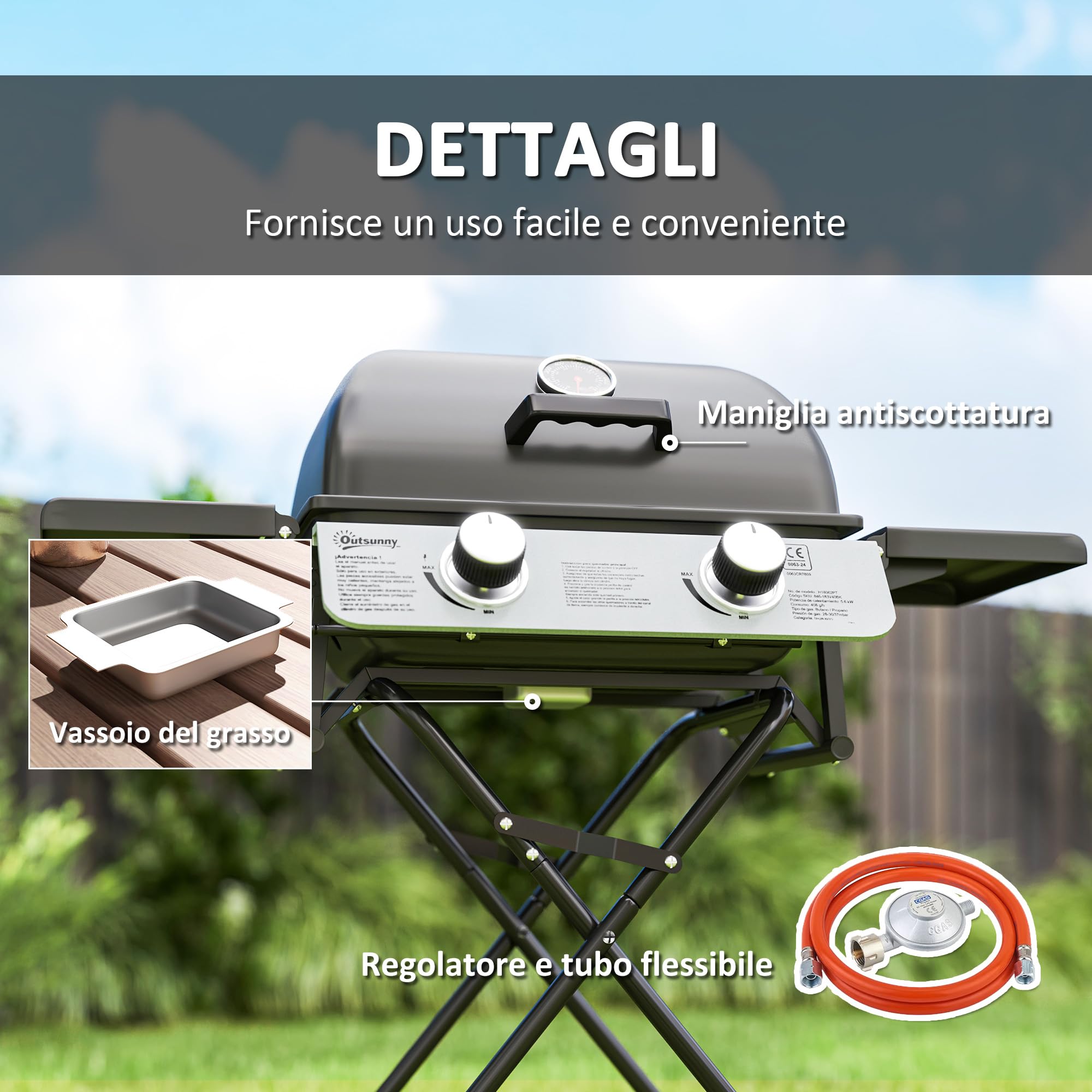 Outsunny Barbecue a Gas in Acciaio, BBQ a Gas a 2 Bruciatori da 2.8 KW con Coperchio, Termometro, Ruote, Griglie, Tavolino Laterale e Vaschetta Raccogli Grasso, Regolatore, Nero