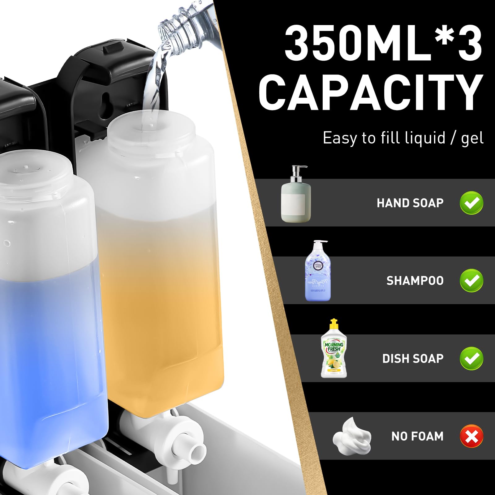 interhasa! Dispenser di sapone da bagno a parete per bagnoschiuma doccia gel shampoo e balsamo dispenser di sapone 3 camere 3 in 1 dispenser doccia per casa commerciale nero 350 ml × 3