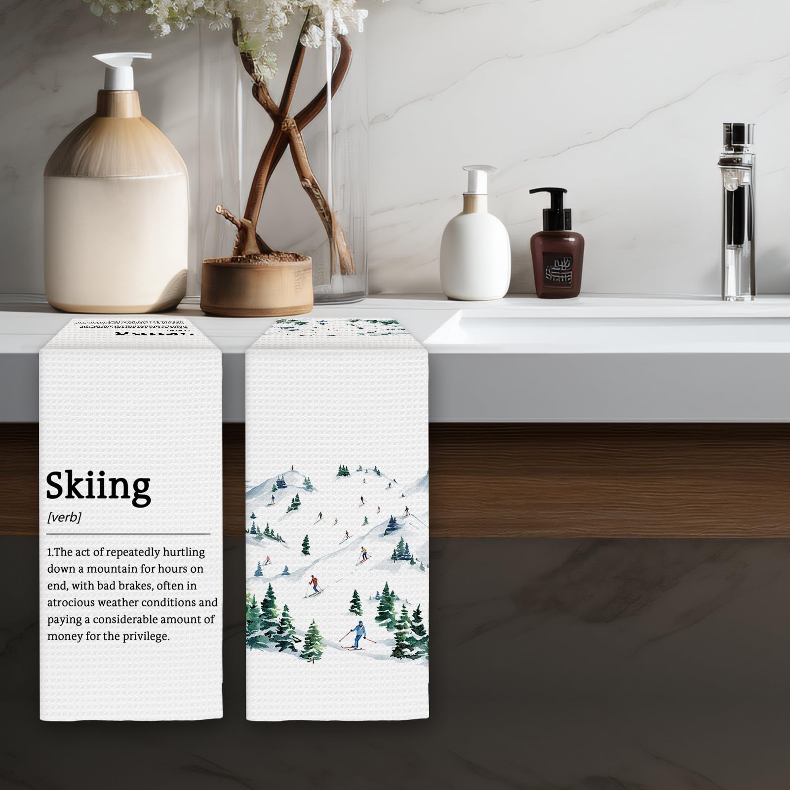Winter Skiing Definition Kitchen Towels Set of 2, Ski Gifts for Skiers Women Men Dish Towels, Winter Mountain Ski Decorative Hand Towels for Bathroom,Ski Lodge Kitchen Bathroom Decor(16x24Inch)