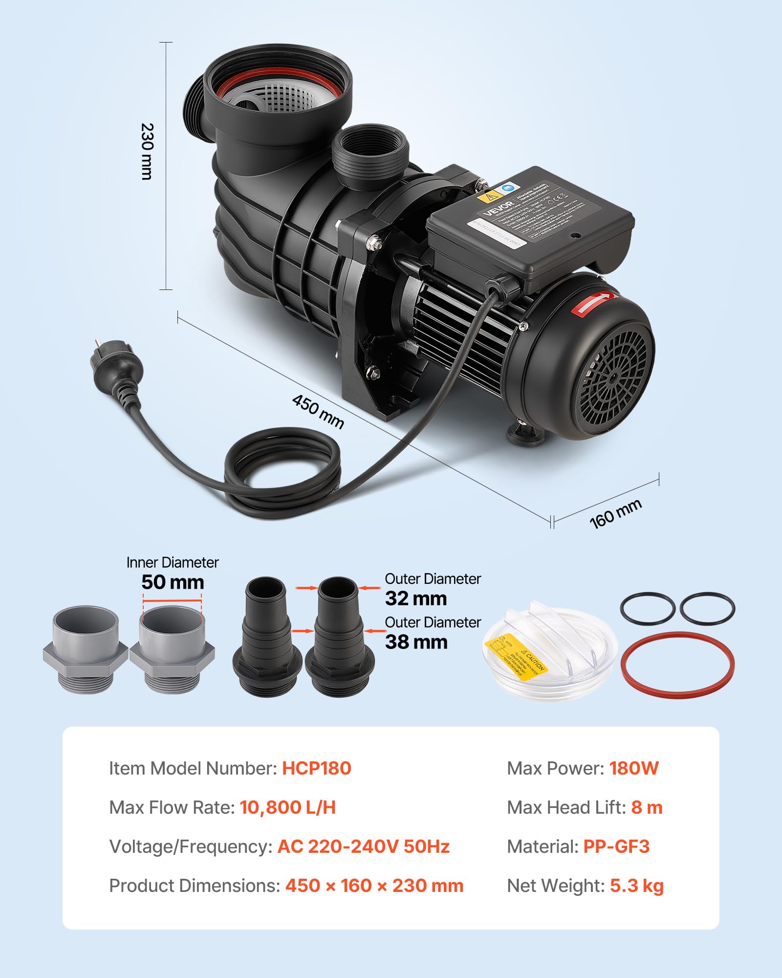 VEVOR Bomba para Piscina Elevada 180 W Caudal Máximo de 10800 L/H Bomba de Filtración para Piscina de Una Sola Velocidad, CA 220-240 V 2850 RPM, Altura de Elevación Máxima de 8 m, con Filtro y Tapa
