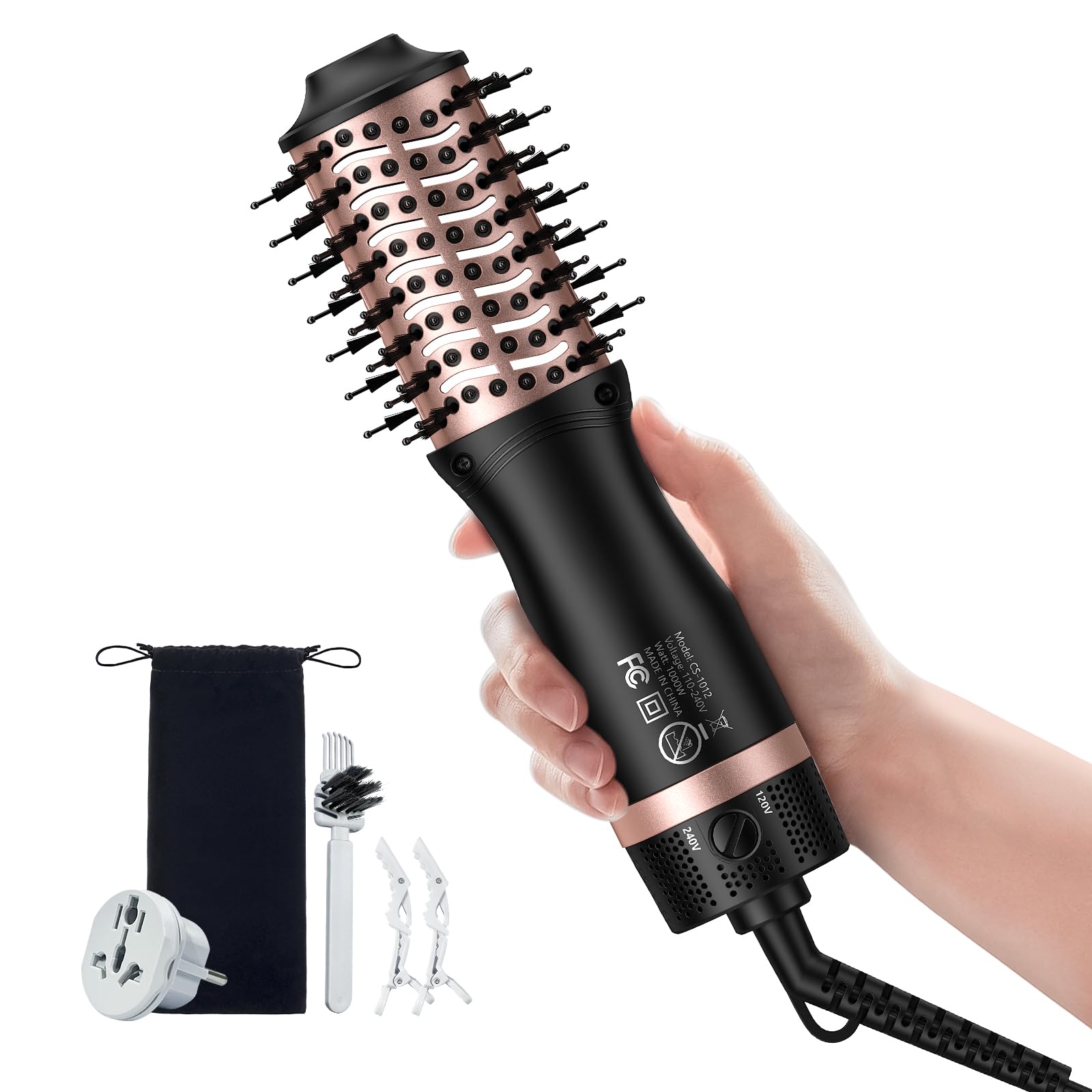 slopehill mini dual voltage hair dryer brush,1000 watts travel hot air brush with european plug, ionic one step hair dryer and styler for women for home & salon, 2 heat & 2 speed settings