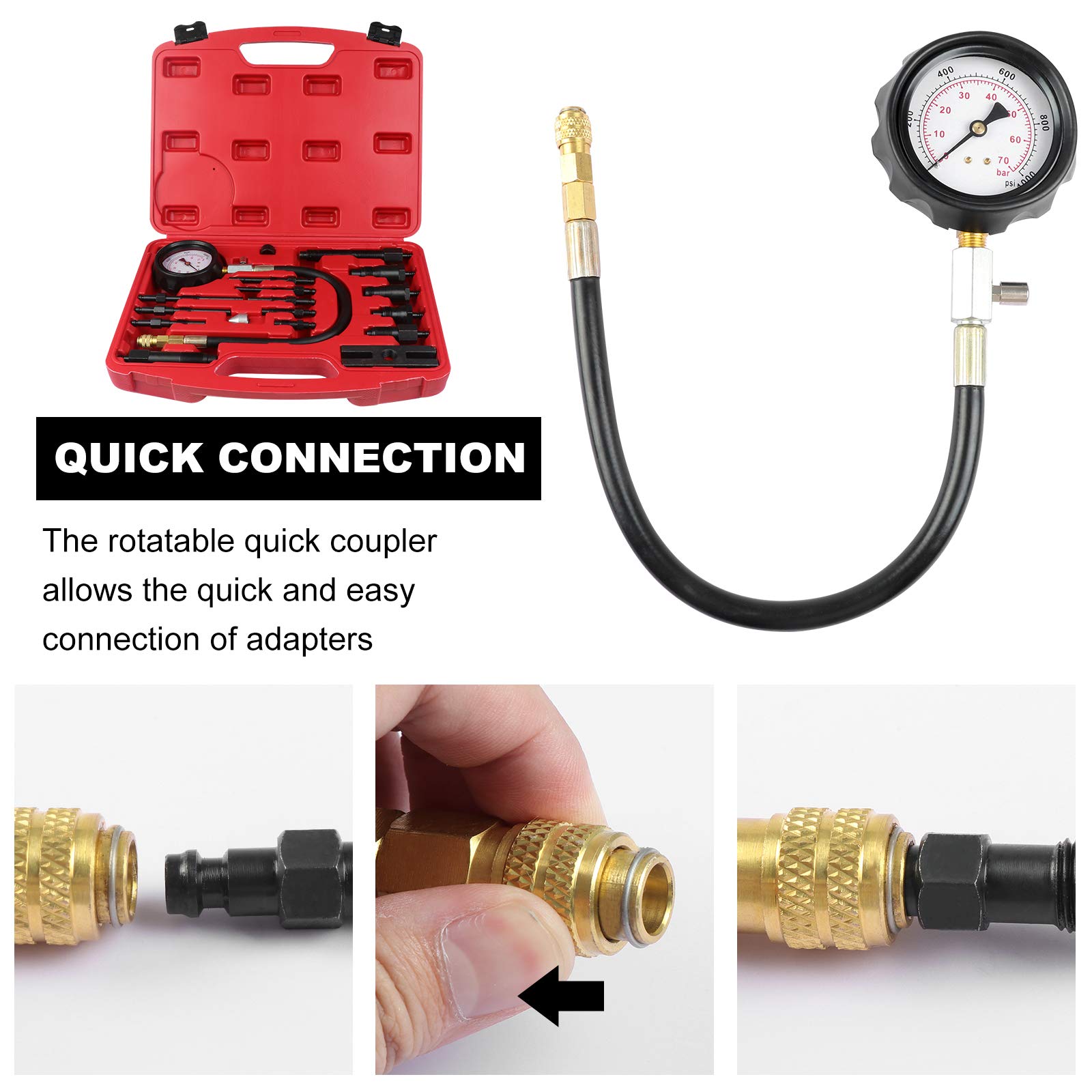tester compressione motore TDI CDI test diagnostico manometro kit, dispositivo di misurazione 0-1000PSI kit test pressione cilindro motore, per trattori con motori diesel auto
