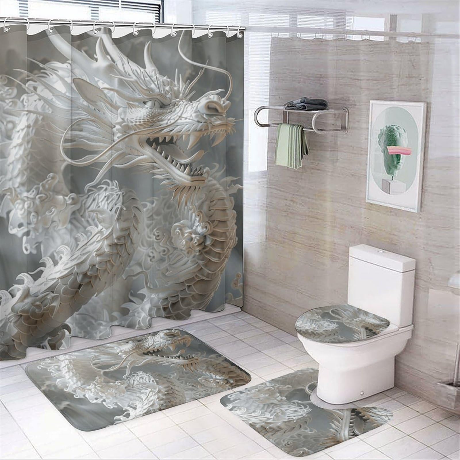 Rideau de douche en tissu Oxford et tapis de bain dragon blanc haute densité
