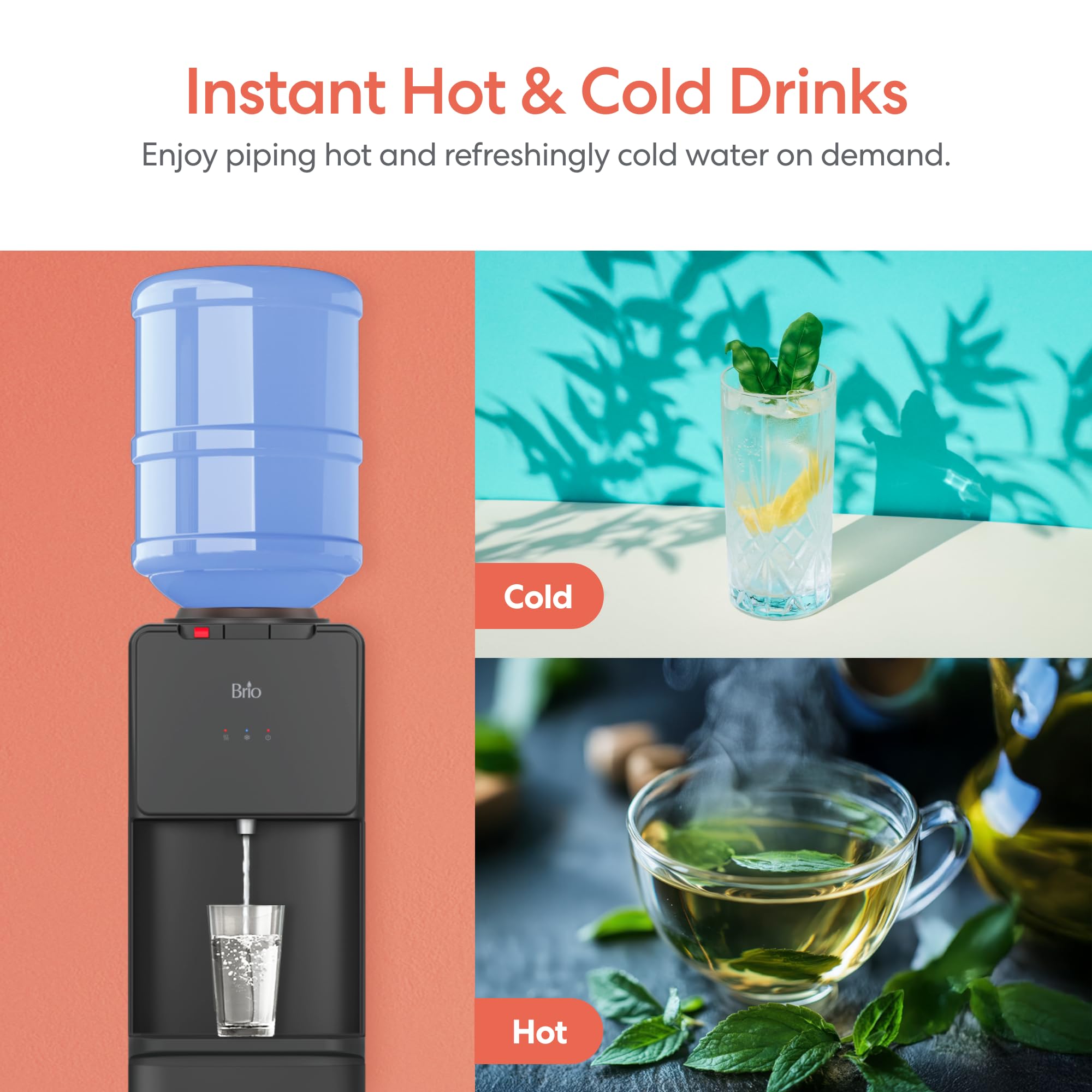 Brio CLTL130 Serie 130 Dispensador de Enfriador de Agua de Carga Superior para Botellas de 3 y 5 galones, frío y Caliente, Carga sin derrames, Bloqueo de Seguridad Infantil, Energy Star 3.0, Negro