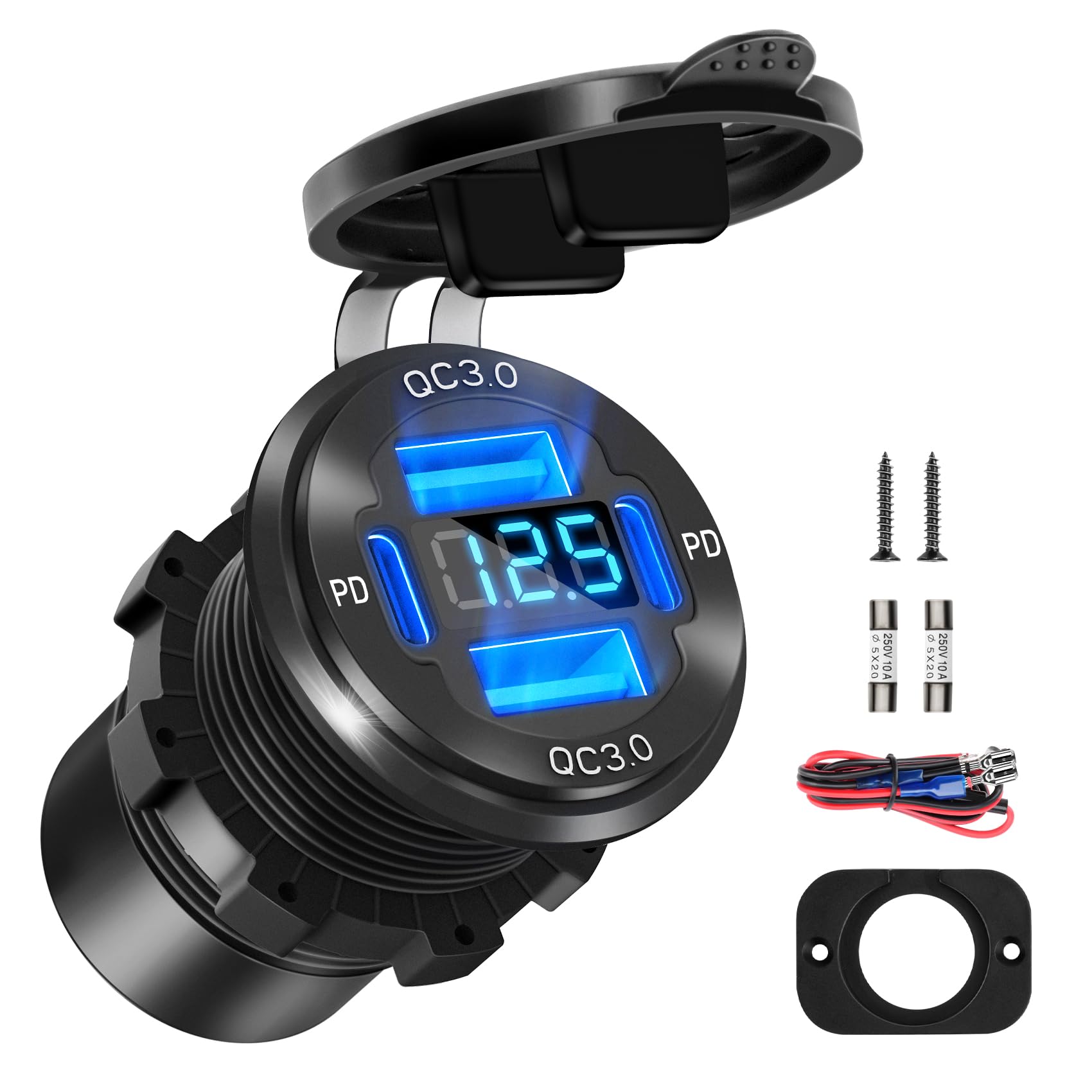 Daakro Gniazdo USB C 12 V, 78 W, 4 porty, aluminiowa ładowarka, moc, Dual PD 30 W i Dual QC 18 W, 12 V, podtynkowe USB z woltomierzem LED, zapalniczką samochodową, wtyczką do kampera, łodzi