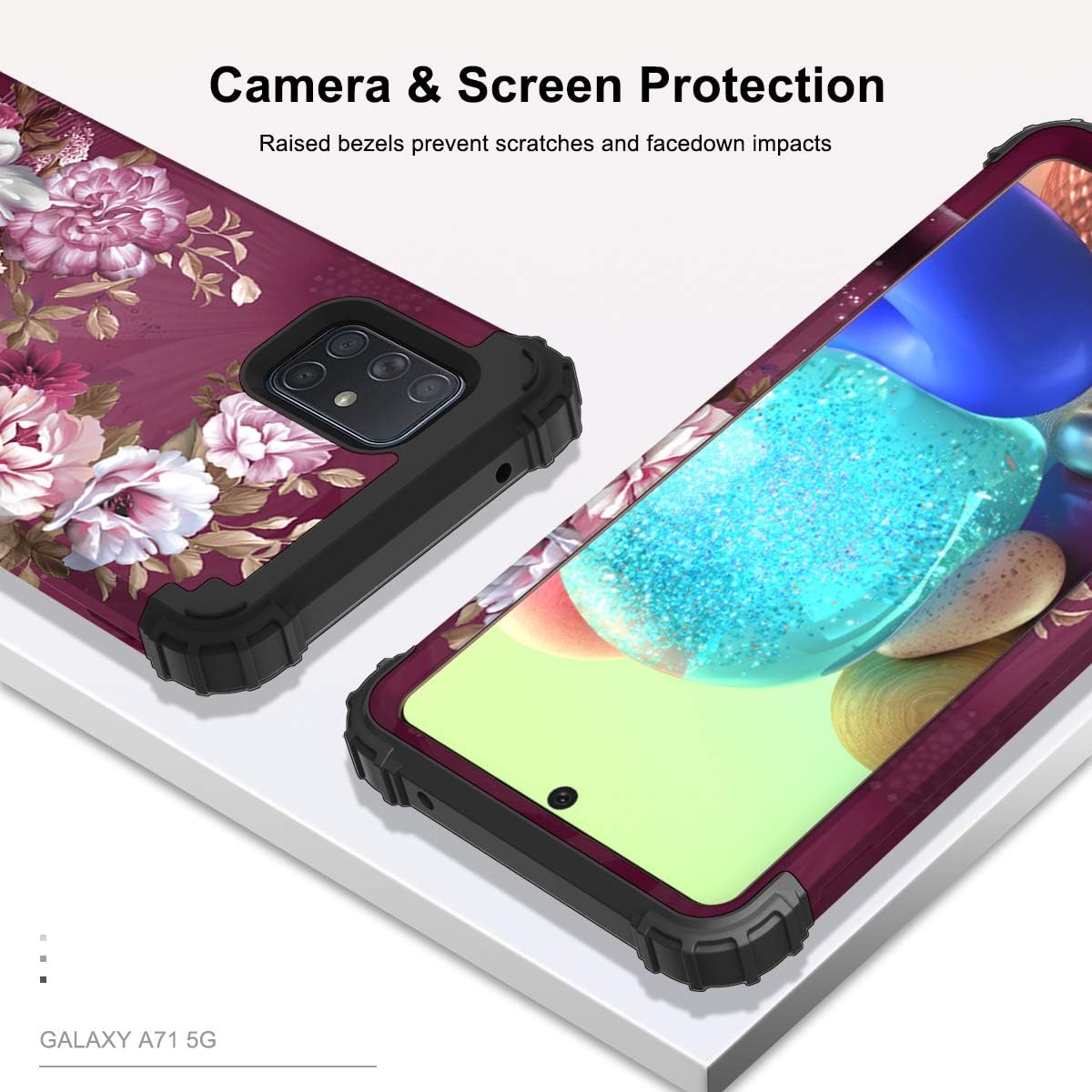 Hocase Galaxy A71 5G Case, [Not for 4G or 5G UW Version] Heavy Duty Shockproof Soft Silicone Rubber Bumper+Hard Plastic Hybrid Protective Case for Samsung Galaxy A71 5G (SM-A716U) - Burgundy Flowers
