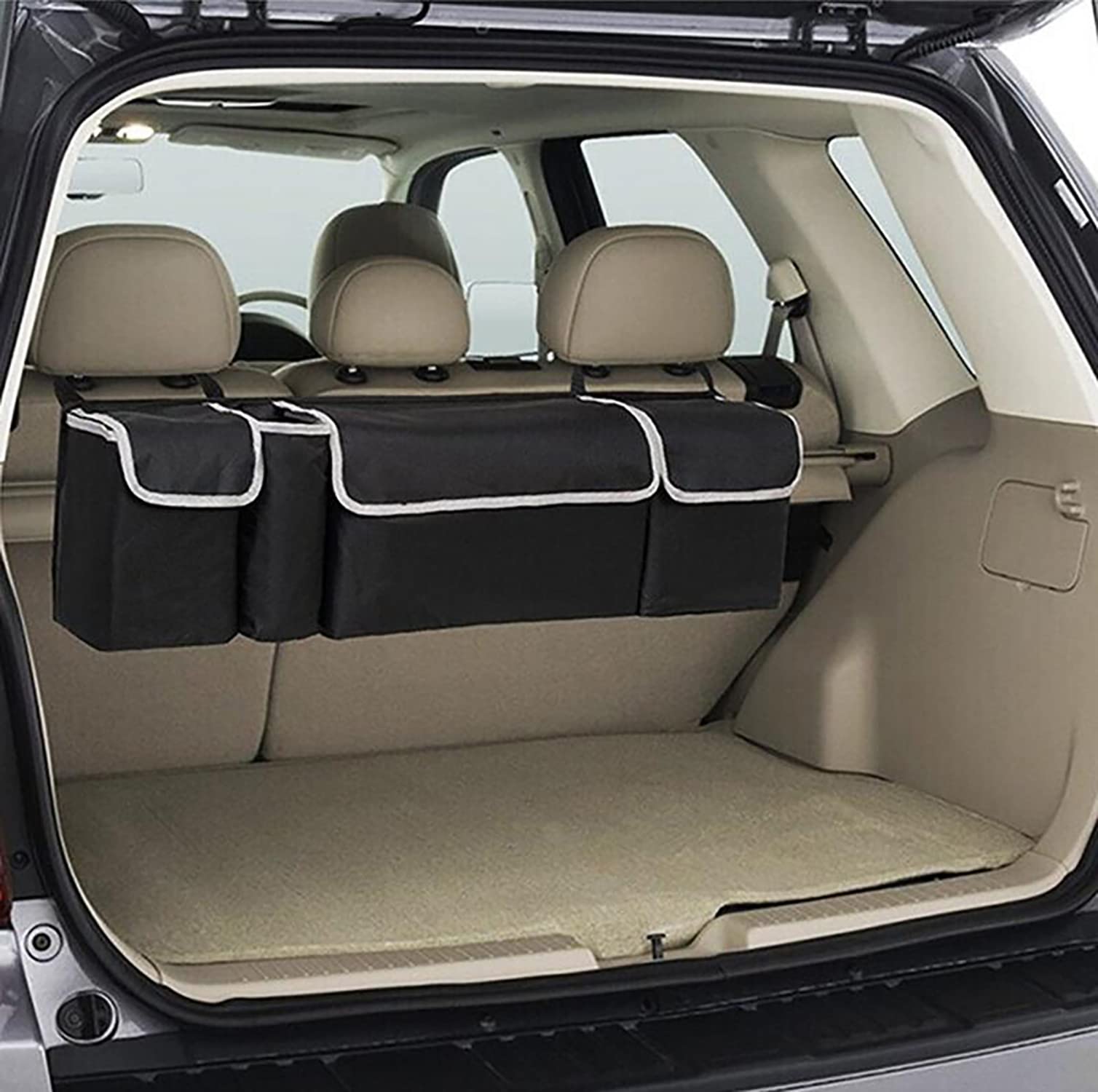 House of Quirk Trunk Storage Organizer Car Travel Storage Bag 4 Compartment Multi Pocket Car Trunk Organizer Car Holders for SUV,Truck,Auto,Minivan (Black, Oxford Fabric), Clothing