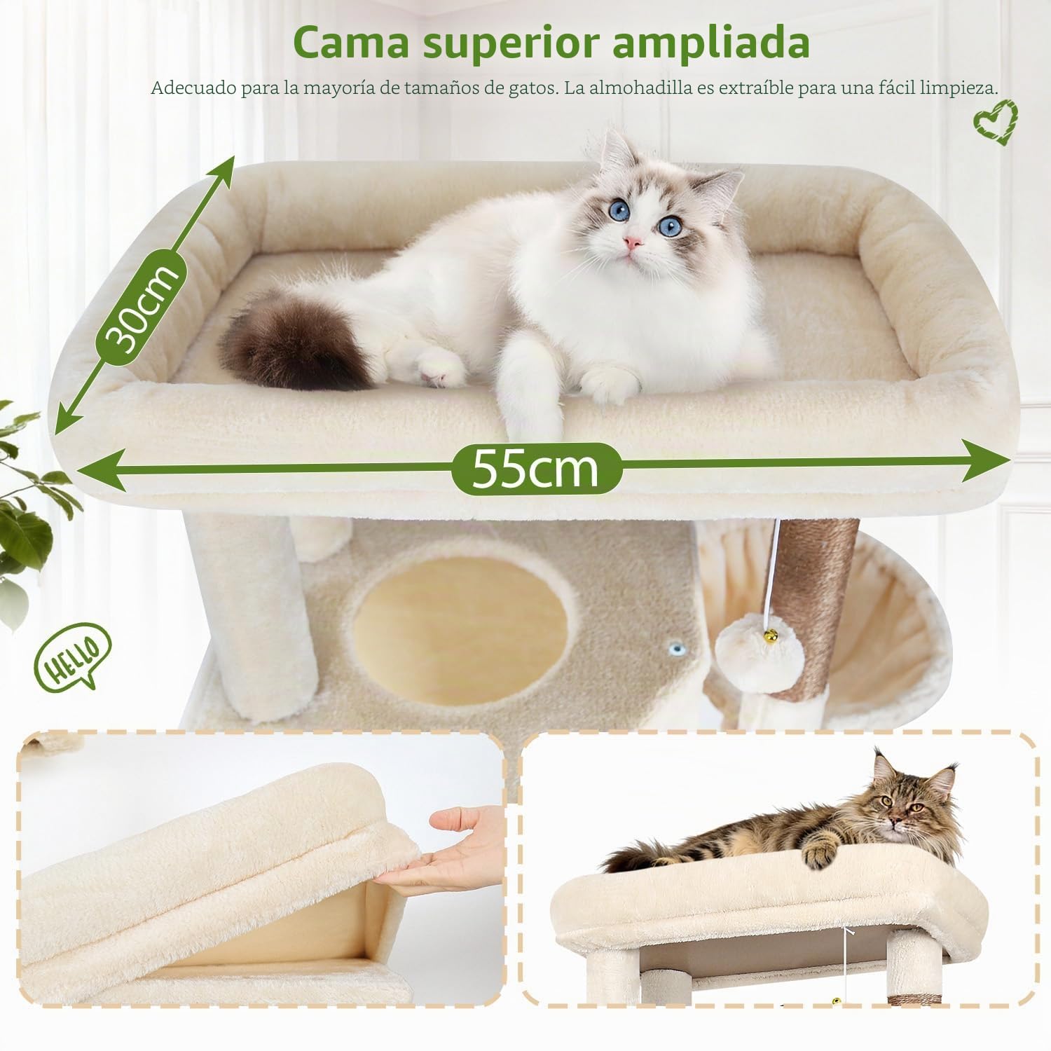 Globlazer Árbol Rascador Beige XL Estable 180 cm para 2-5 Grande Gatos S69B | Castillo Gato con 2 Grandes Nidos, Tabla Rascar Sisal, Plataformas Acolchadas, 2 Cesta para Gatos Grandes Descansar Jugar