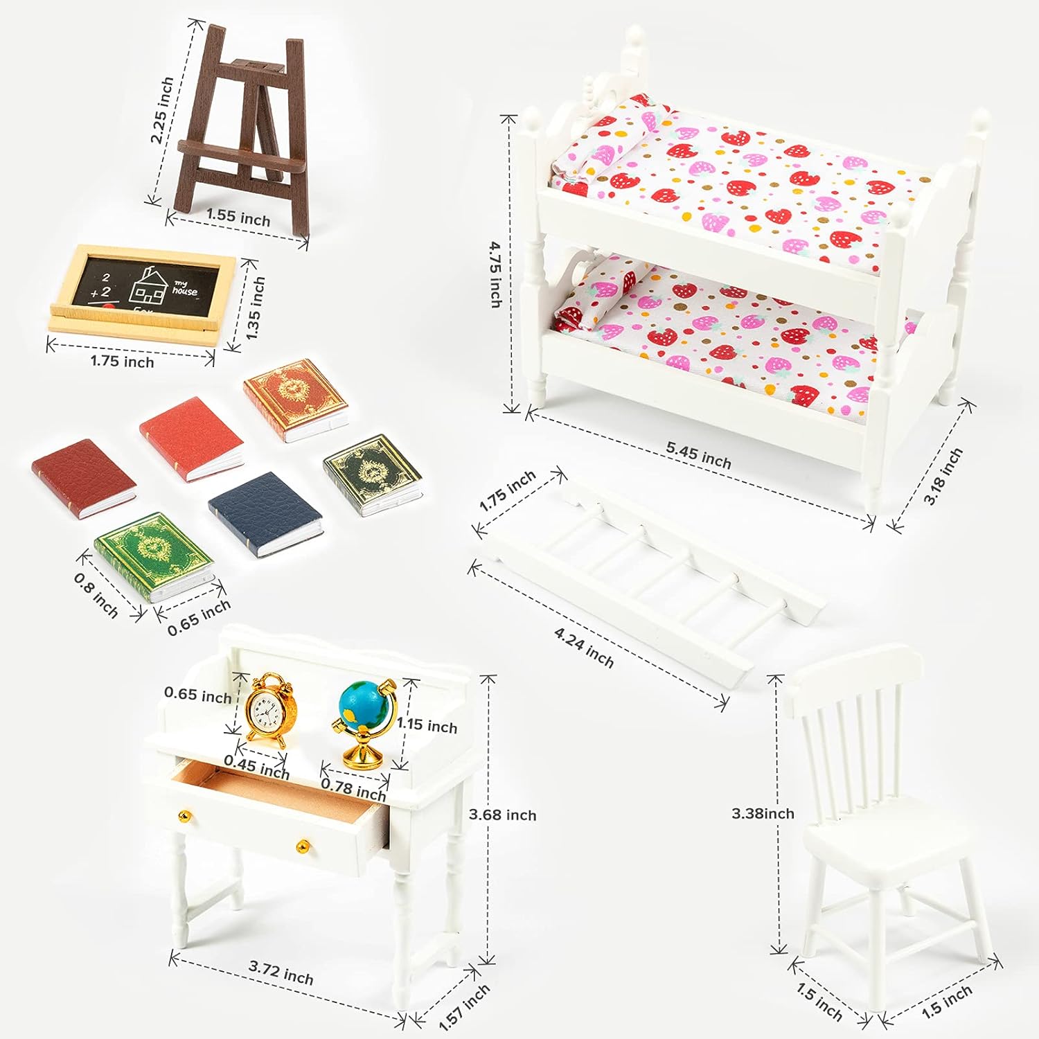 SAMCAMI Miniature Dollhouse Furniture 1 12 Scale - Wooden Dollhouse Bed Set - Doll House Furniture Toys Incl Doll Bed, Desk, Books, blackboards and Other Dollhouse Accessories