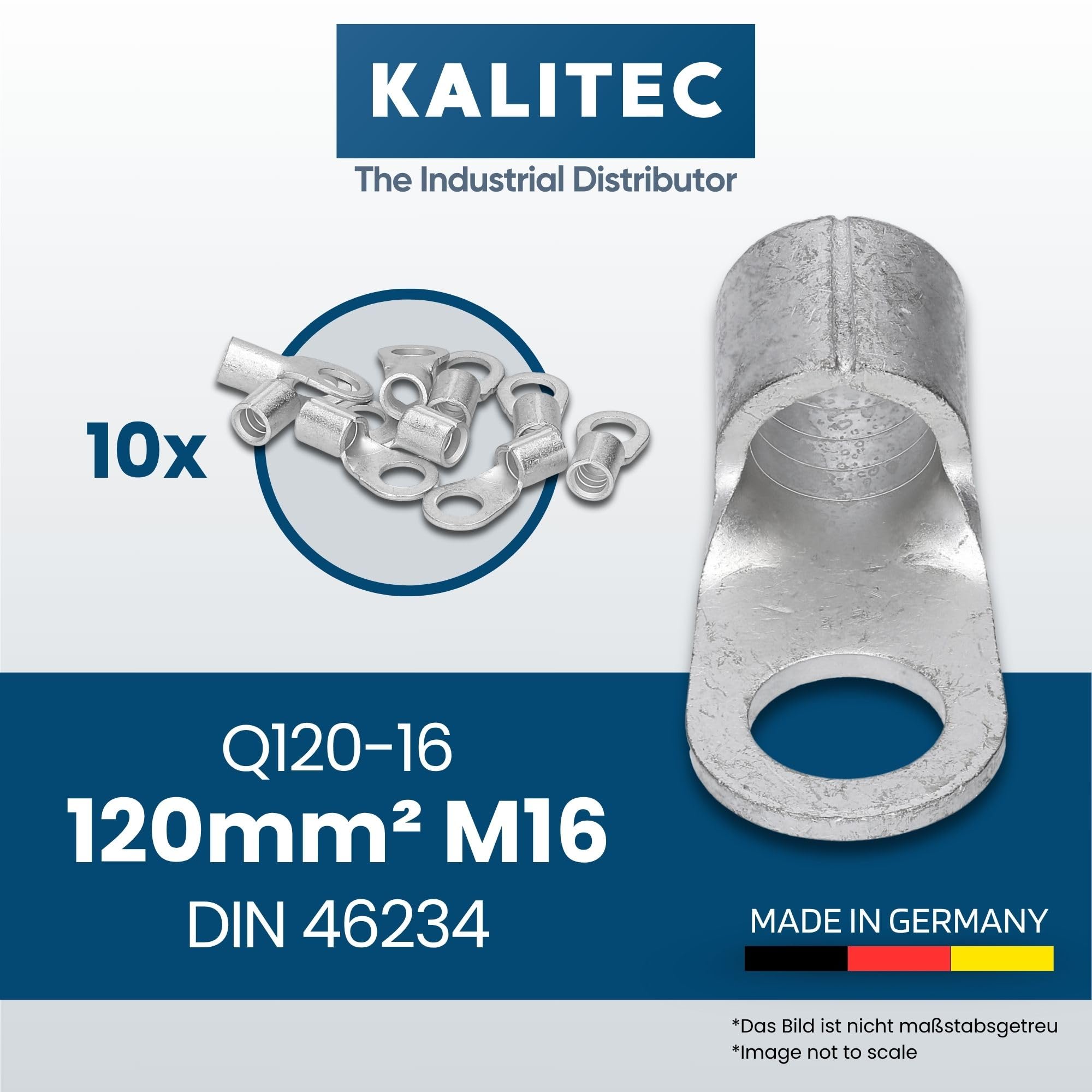 Kalitec 10x Capicorda 120 mm² M16 - Connettori ad Anello non Isolati | Terminali in rame elettrolitico serie Q per cavi multipli e sottili, norma DIN 46234, per quadri elettrici e veicoli
