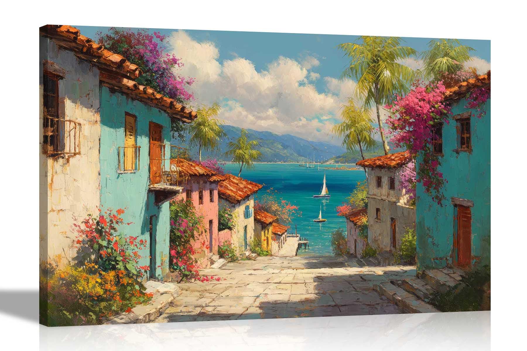 Artley Prints - Caribbean Landscape Town Ocean View Colourful Canvas Prints Pictures for Living Room Conservatory Hallway Home 60 x 40cm (24 x 16 inches) A2